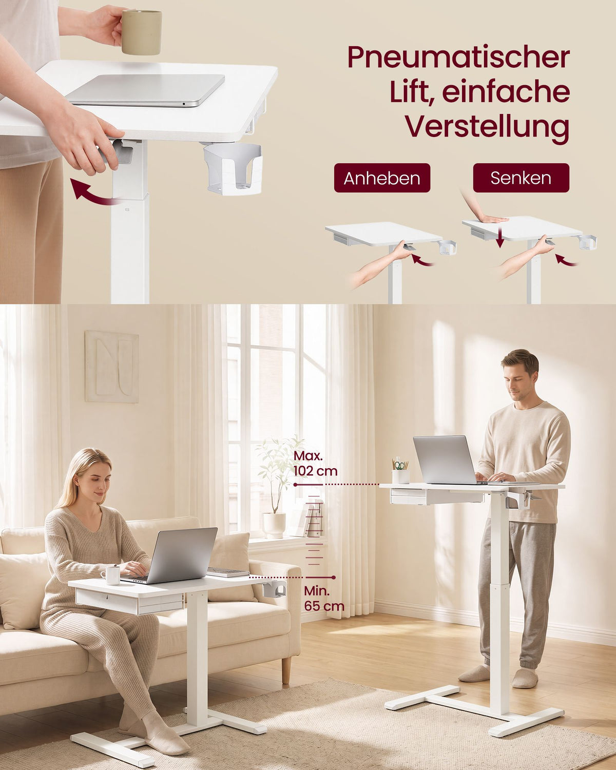 Verrijdbare Laptoptafel – In Hoogte Verstelbaar 65-102 cm – Lade en Bekerhouder – Wit