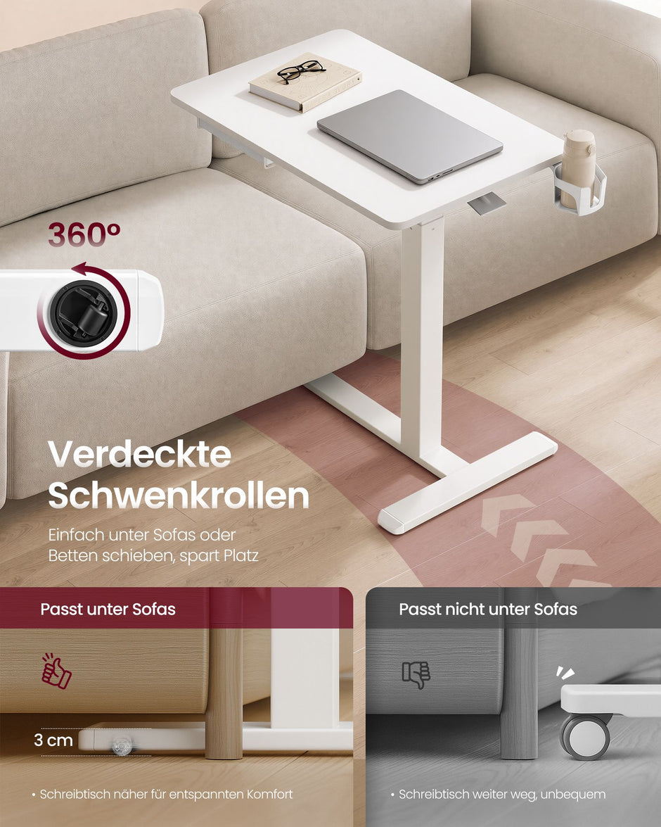 Verrijdbare Laptoptafel – In Hoogte Verstelbaar 65-102 cm – Lade en Bekerhouder – Wit