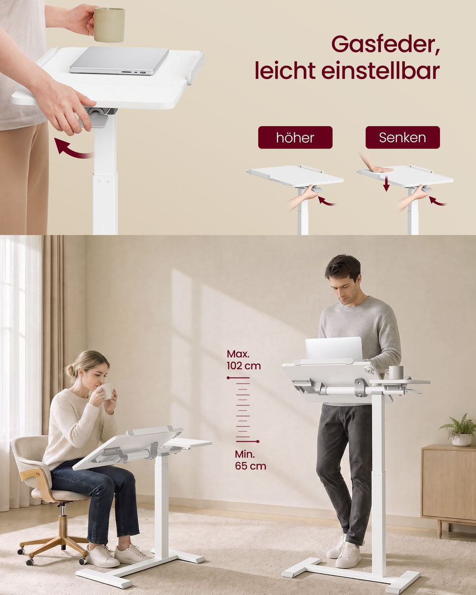 Laptoptafel op Wieltjes – Pneumatisch In Hoogte Verstelbaar – Kantelbaar – 70 x 40 cm – Wolkwit