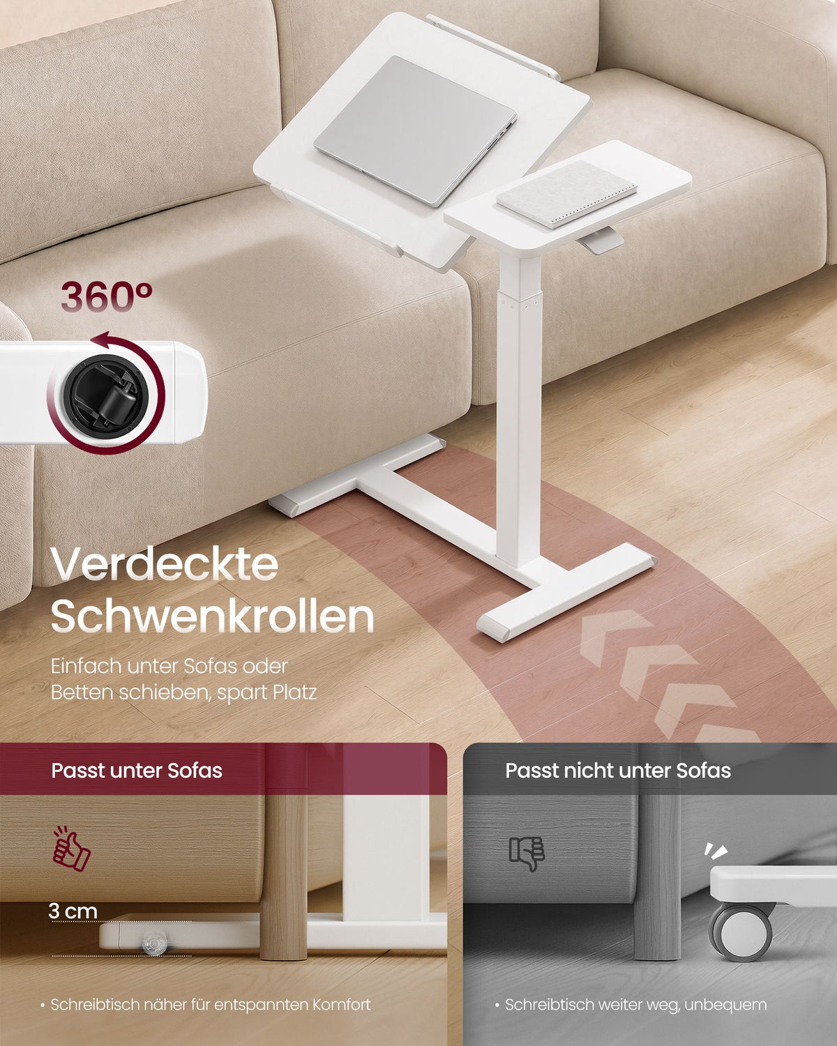 Laptoptafel op Wieltjes – Pneumatisch In Hoogte Verstelbaar – Kantelbaar – 70 x 40 cm – Wolkwit