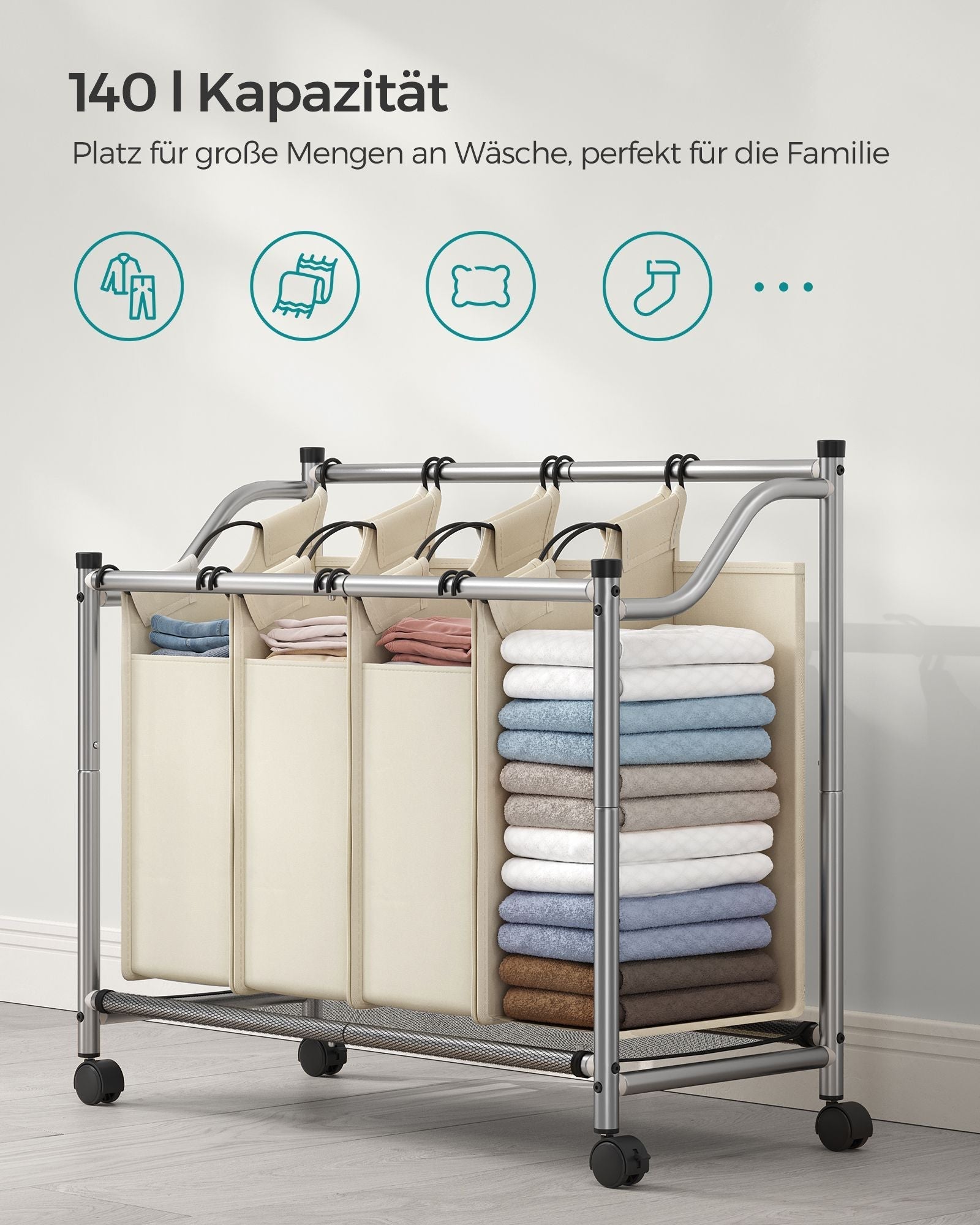Wasmand op wielen – 4 afneembare zakken – Beige