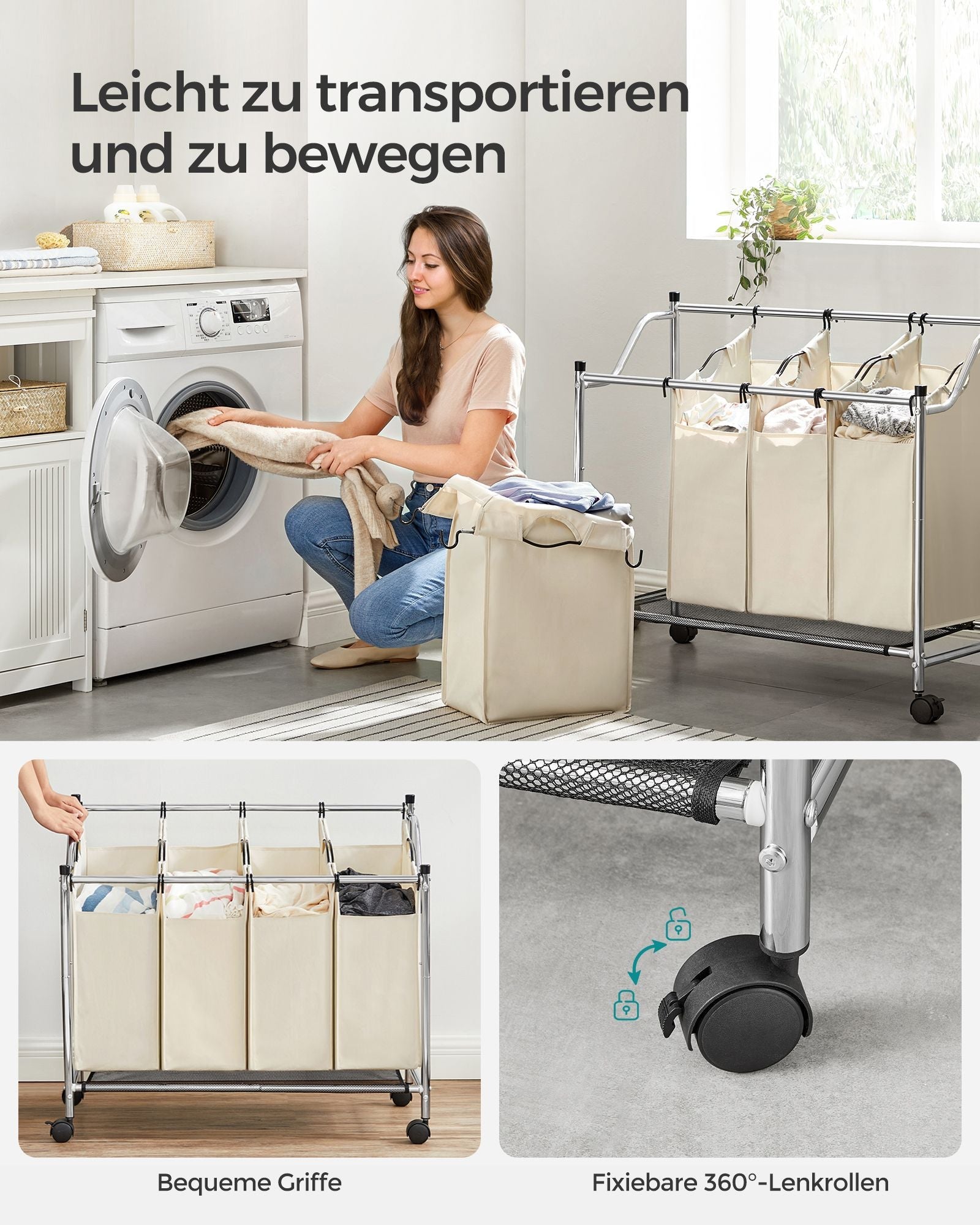 Wasmand op wielen – 4 afneembare zakken – Beige