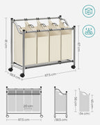 Wasmand op wielen - 4 waszakken - 4 x 35 liter - Beige