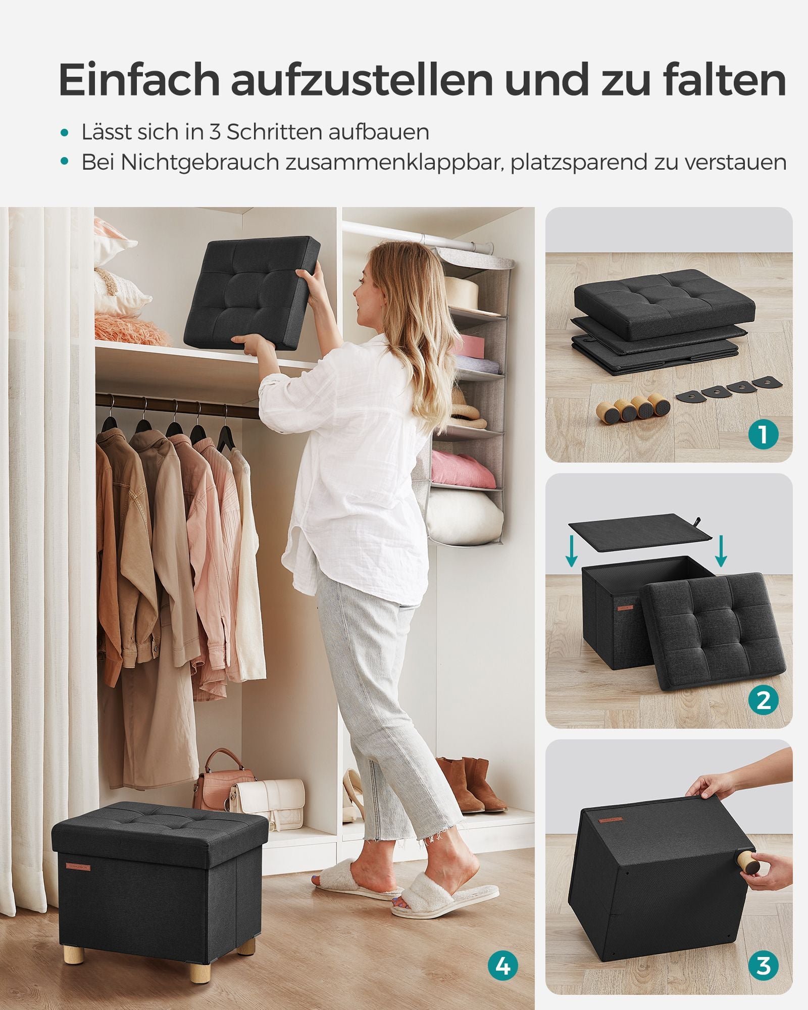 Bank – opvouwbaar – met opbergruimte – 32 × 40 × 33,5 cm – zwart