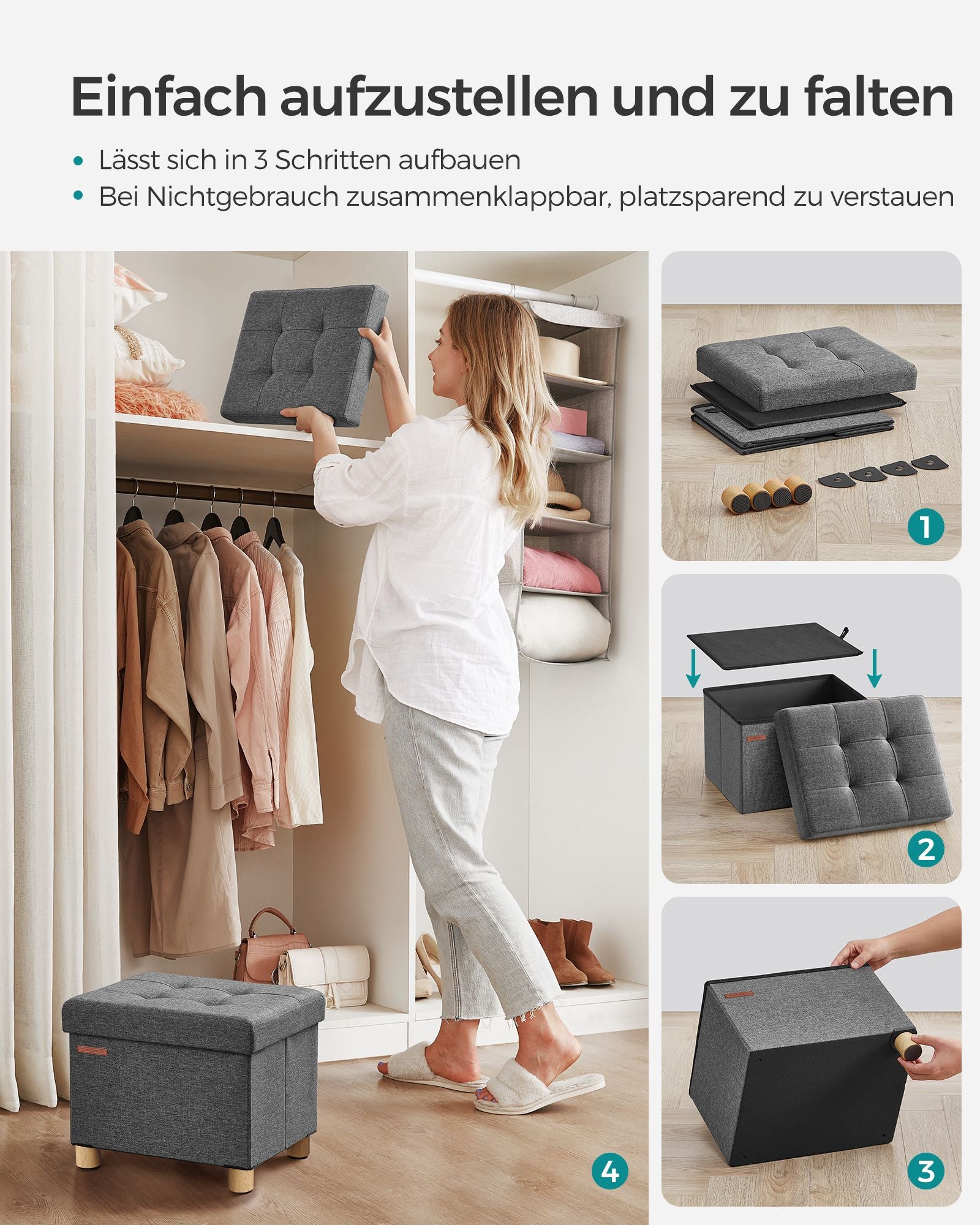 Bank – opvouwbaar – met opbergruimte – 32 × 40 × 33,5 cm – donkergrijs