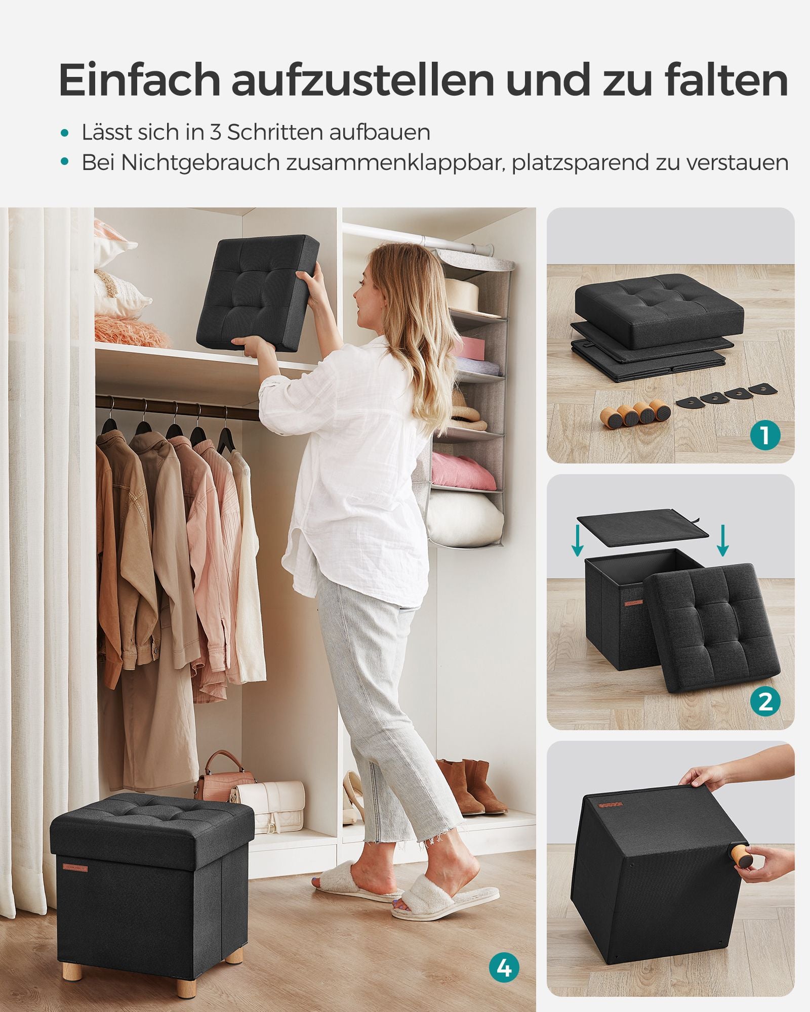 Bank – opvouwbaar – met opbergruimte – 38 × 38 × 40 cm – zwart