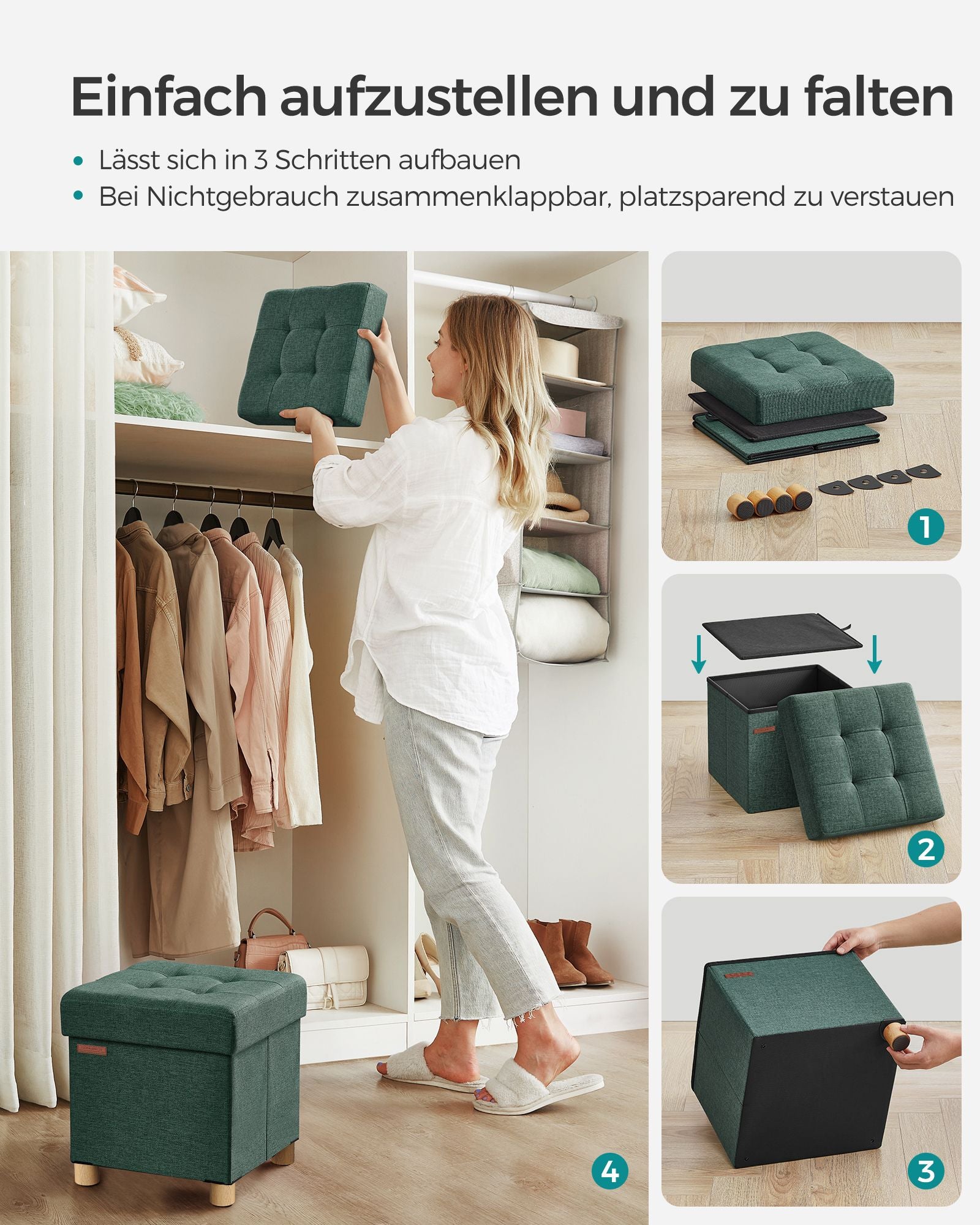 Bank – opvouwbaar – met opbergruimte – 38 × 38 × 40 cm – vintage groen