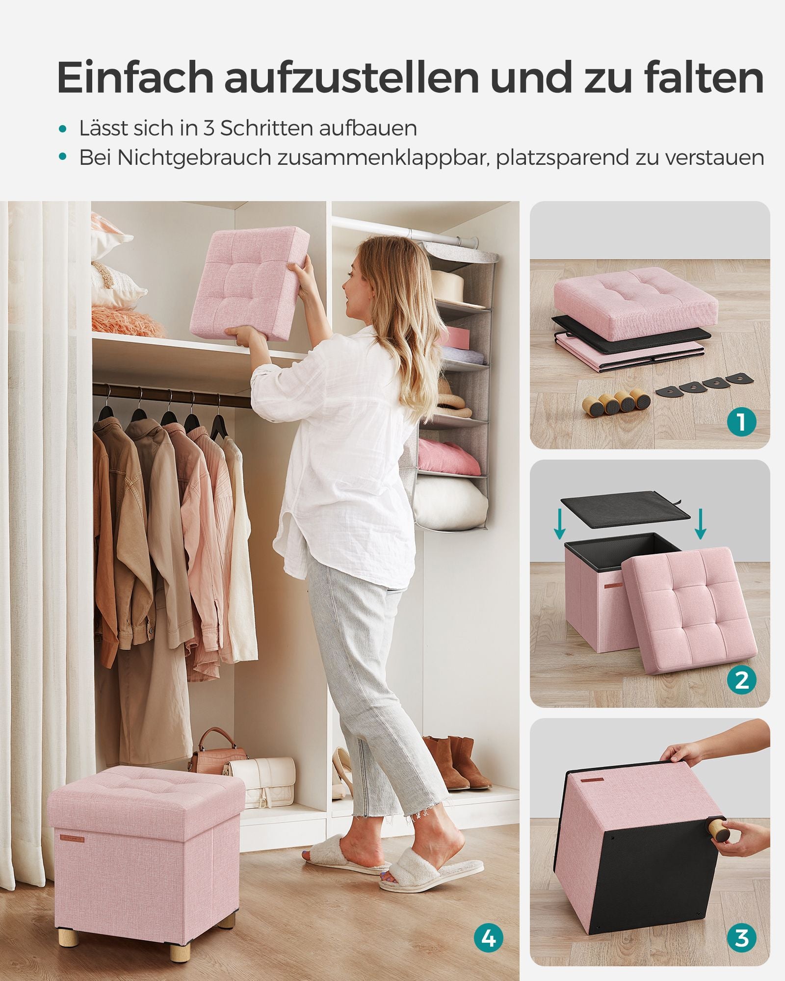 Bank – opklapbaar – met opbergruimte – 38 × 38 × 40 cm – pastelroze