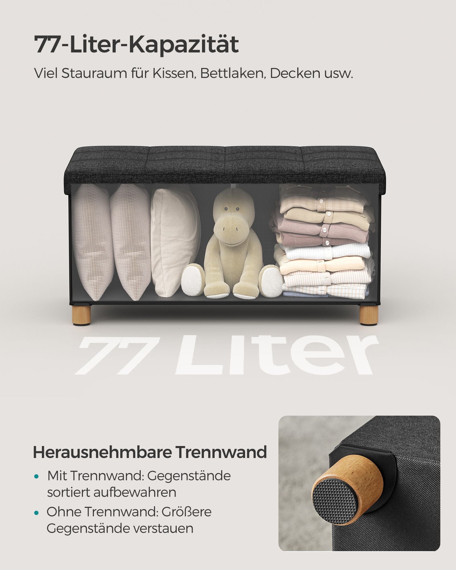 Bank – opvouwbaar – met opbergruimte – 38 × 76 × 40 cm – zwart