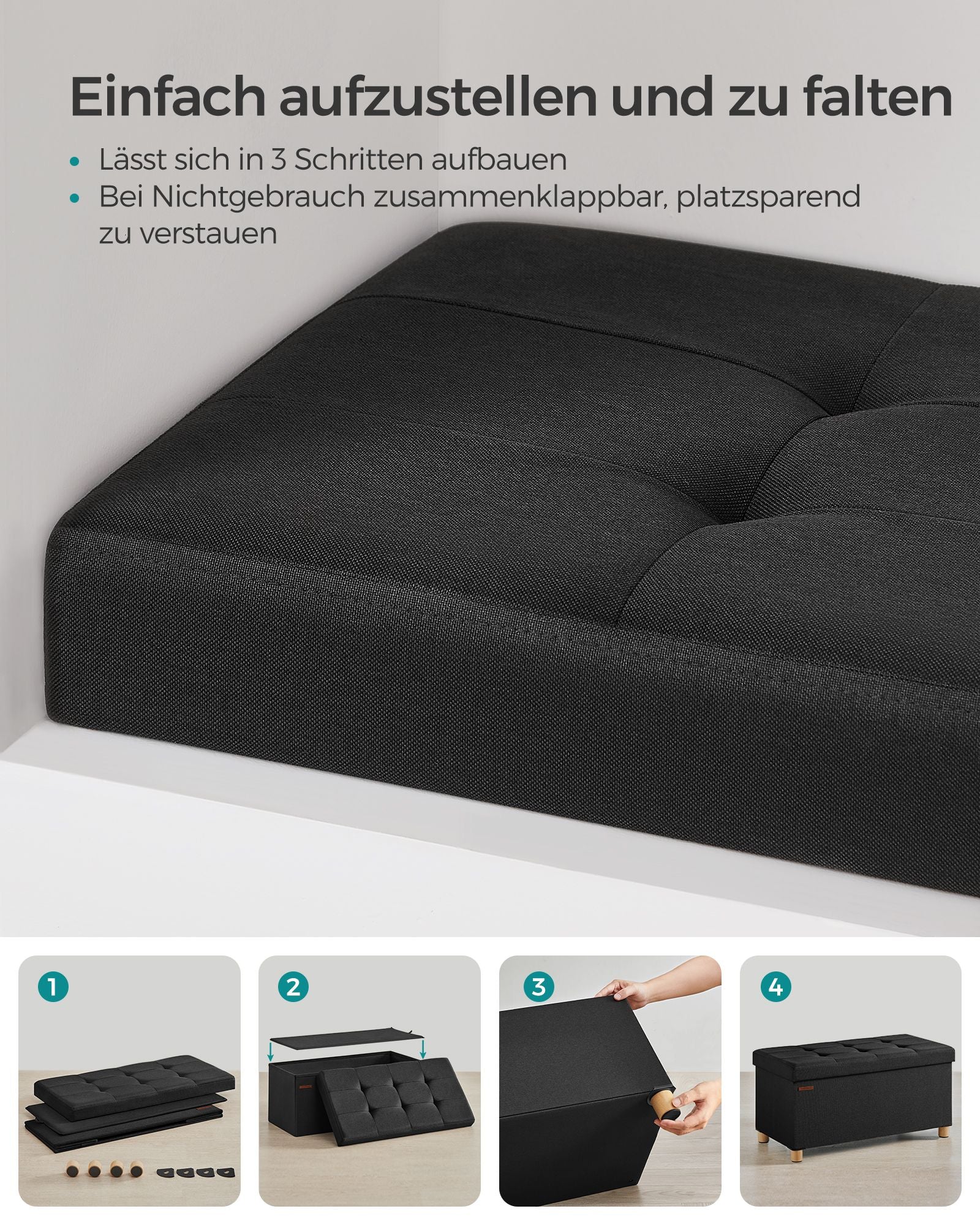 Bank – opvouwbaar – met opbergruimte – 38 × 76 × 40 cm – zwart