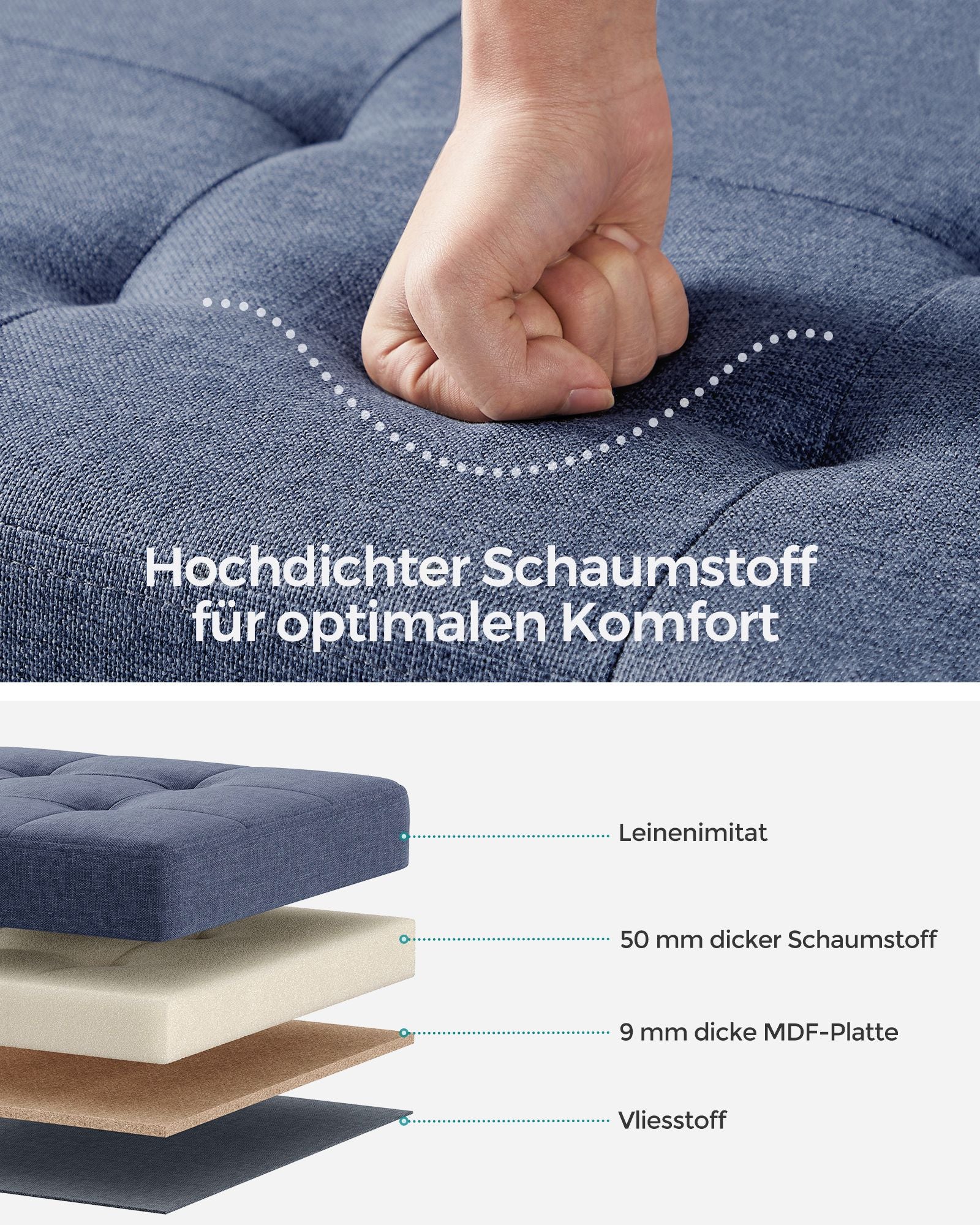 Bank – opvouwbaar – met opbergruimte – 38 × 76 × 40 cm – licht denimblauw