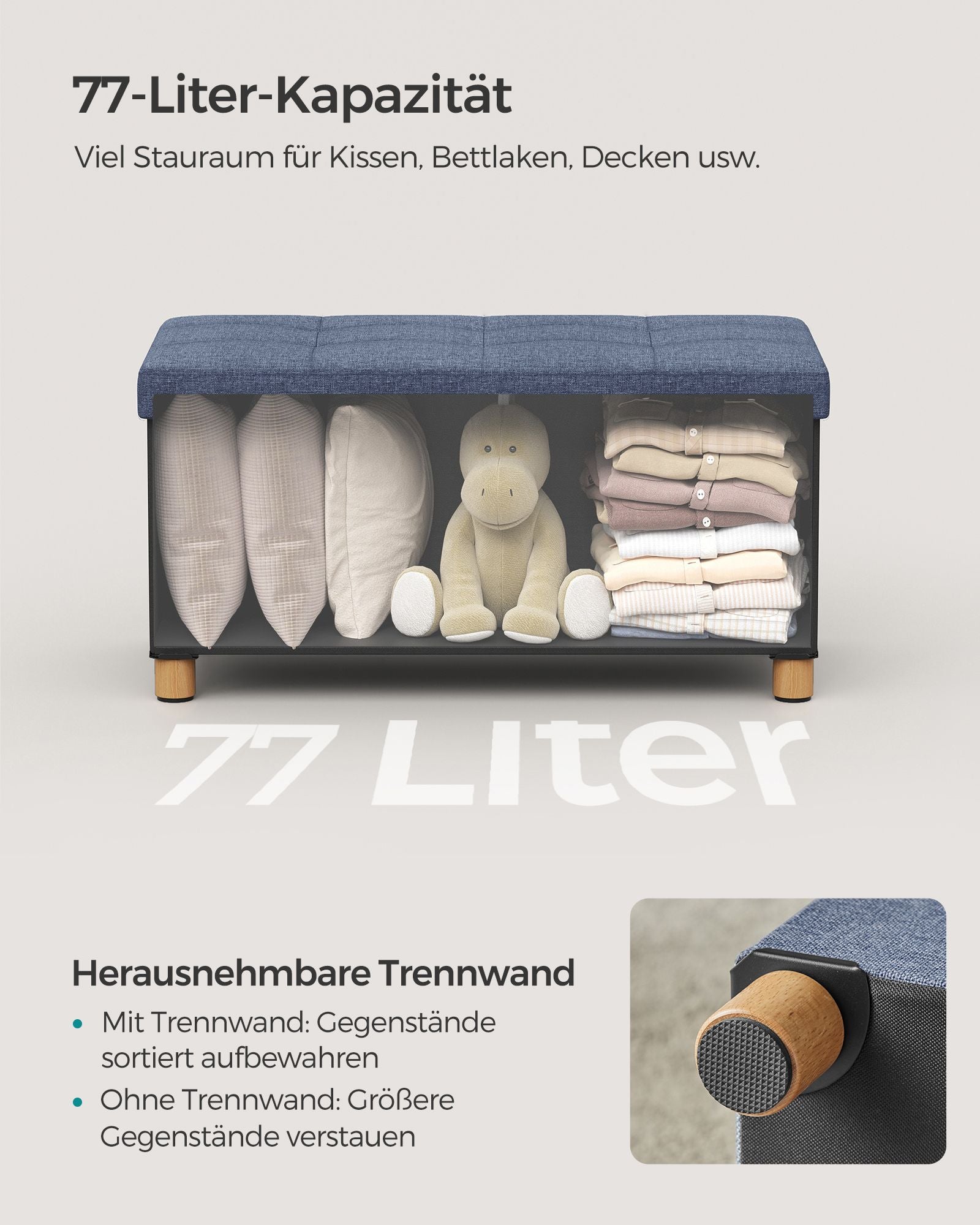 Bank – opvouwbaar – met opbergruimte – 38 × 76 × 40 cm – licht denimblauw