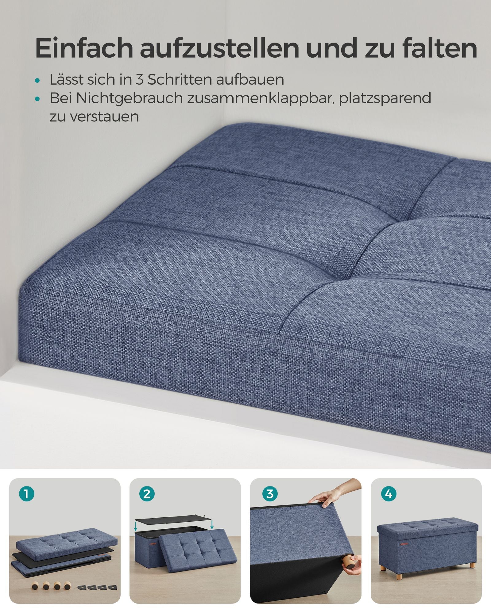 Bank – opvouwbaar – met opbergruimte – 38 × 76 × 40 cm – licht denimblauw