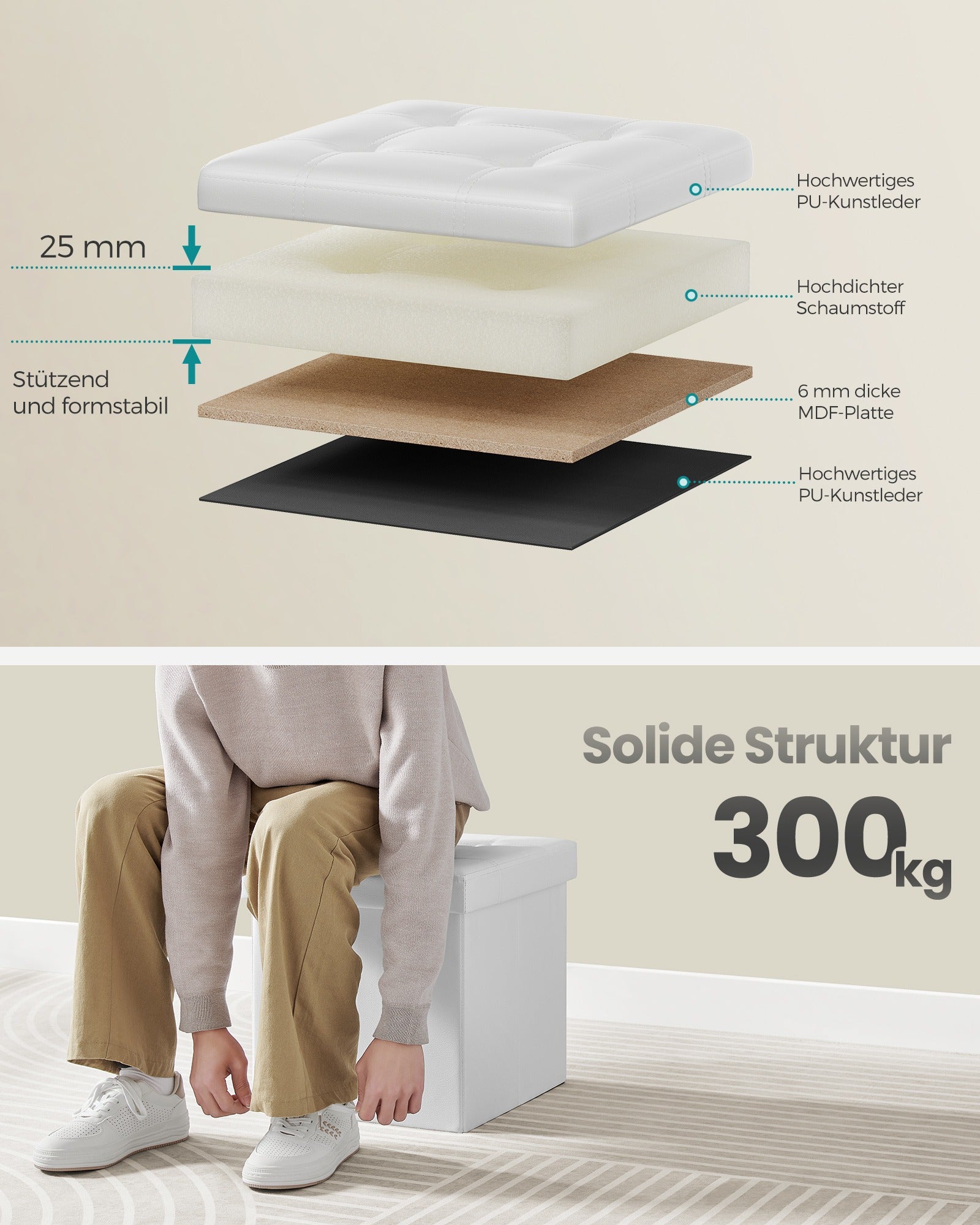 Opbergkruk - 38 x 38 cm - Opvouwbaar - Kunstleer - Wolkenwit