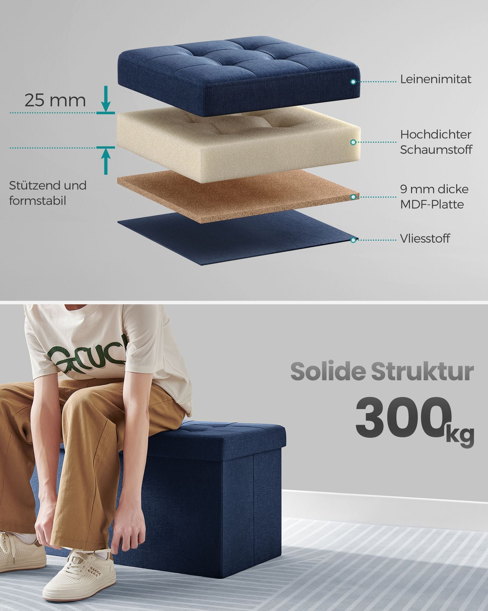 Bank – met opbergruimte – 38 × 76 × 38 cm – nachtblauw