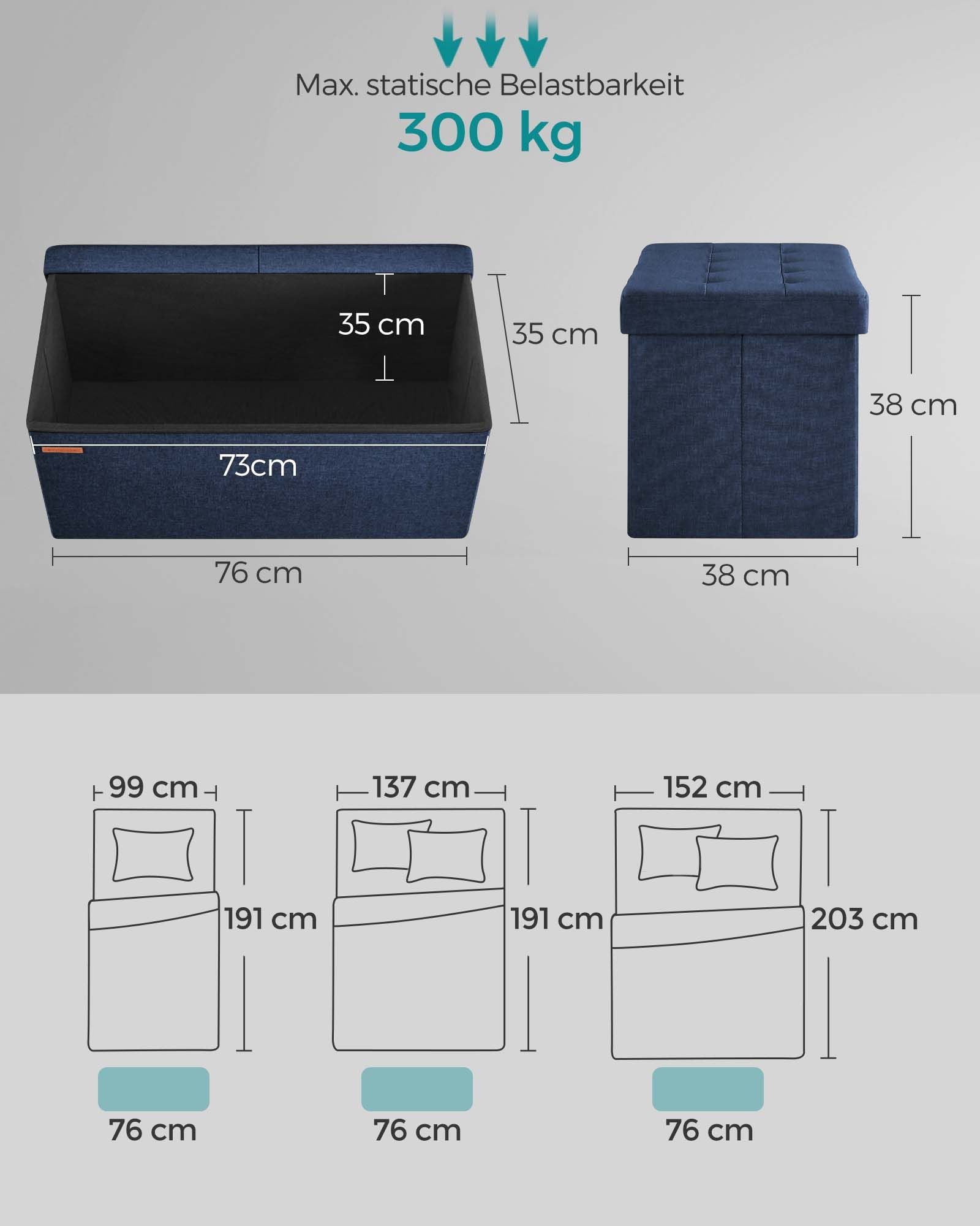 Bank – met opbergruimte – 38 × 76 × 38 cm – nachtblauw