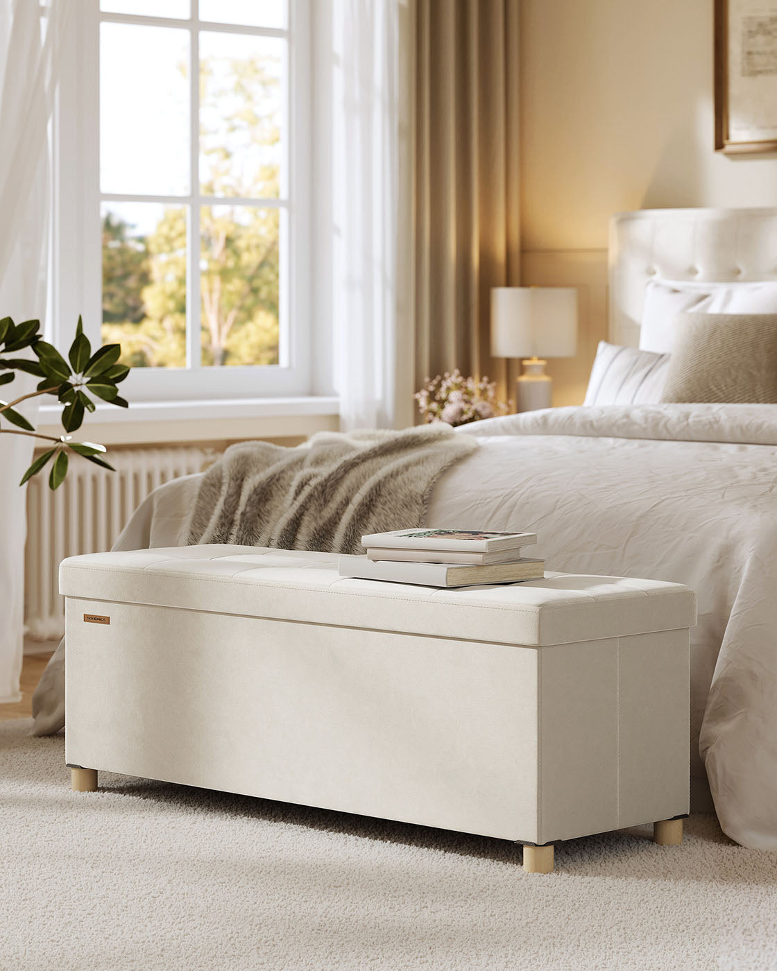 Opbergbank met Deksel – Ruime Opbergruimte – Fluweel – Beige