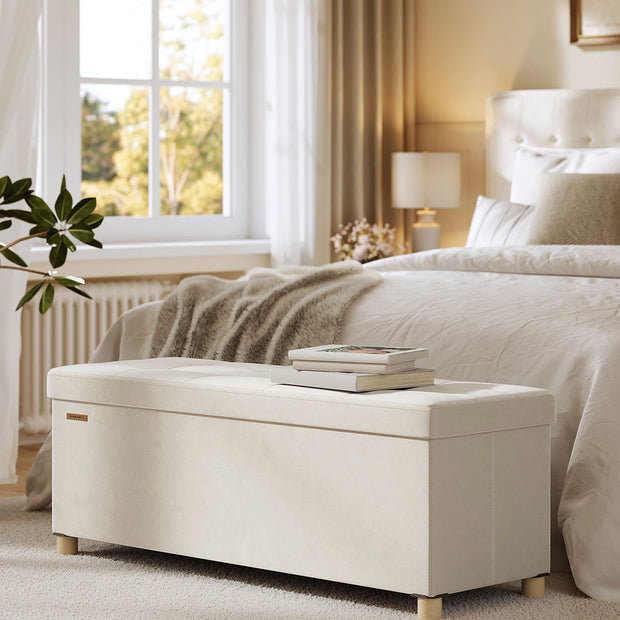 Opbergbank met Deksel – Ruime Opbergruimte – Fluweel – Beige