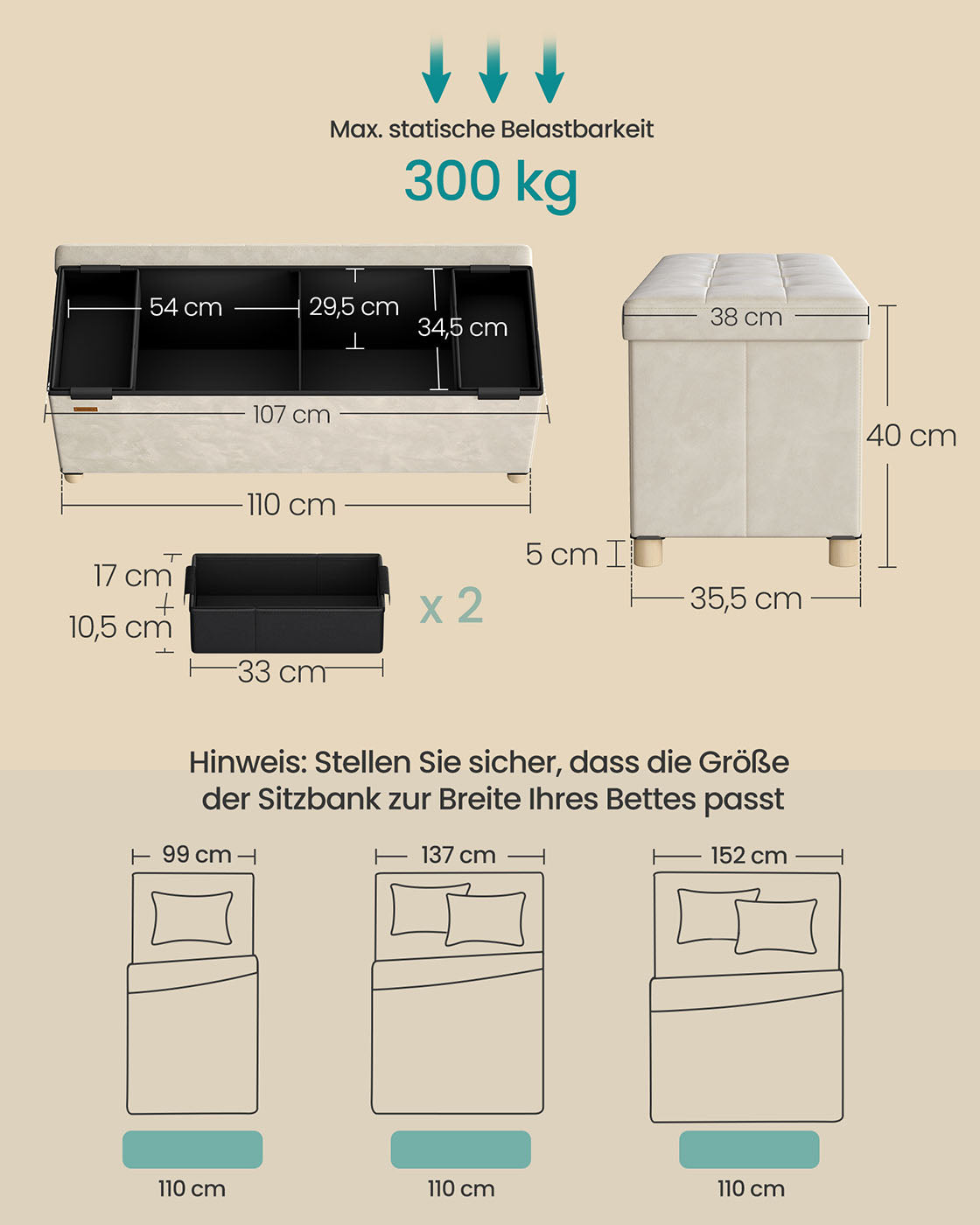 Opbergbank met Deksel – 110x38x40 cm – Voetenbank 112L – Beige