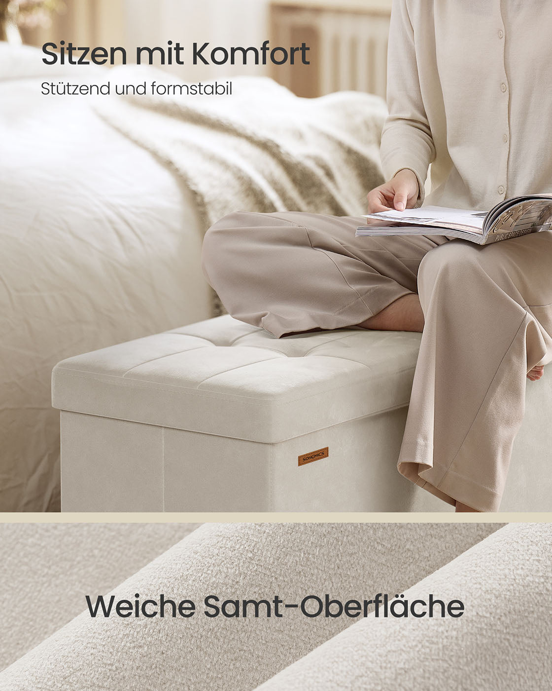 Opbergbank met Deksel – Ruime Opbergruimte – Fluweel – Beige