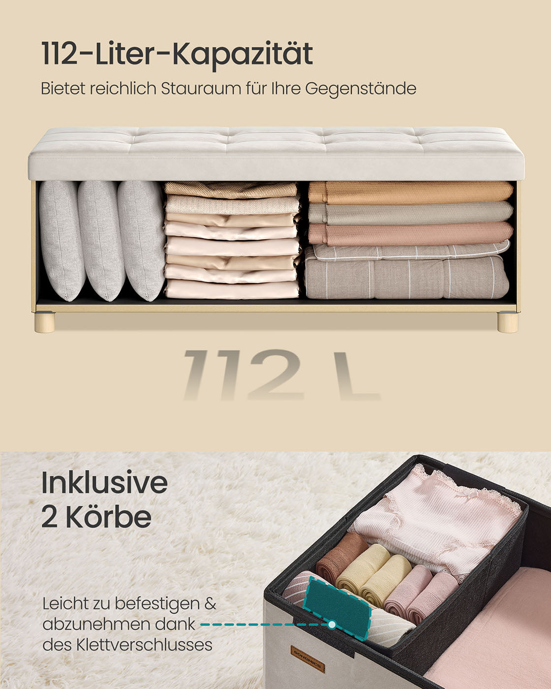 Opbergbank met Deksel – 110x38x40 cm – Voetenbank 112L – Beige