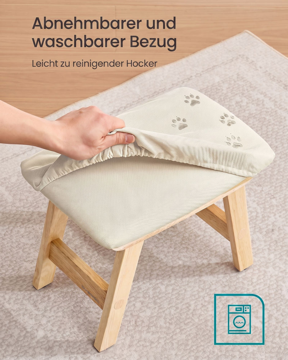 Zitbankje – Houten Poten – Linnenlook – Voetenbank voor Hal of Slaapkamer – Beige
