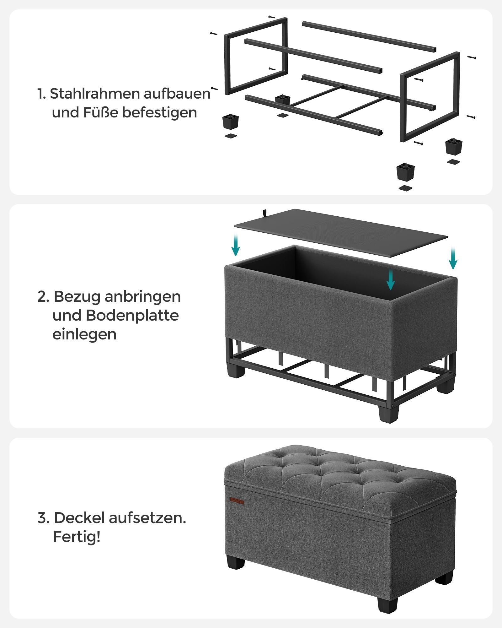 Kruk – met opbergruimte – 40 × 76 × 40 cm – donkergrijs