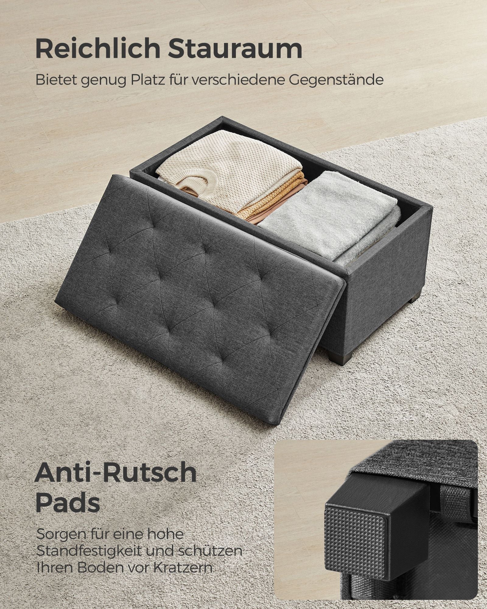 Kruk – met opbergruimte – 40 × 76 × 40 cm – donkergrijs