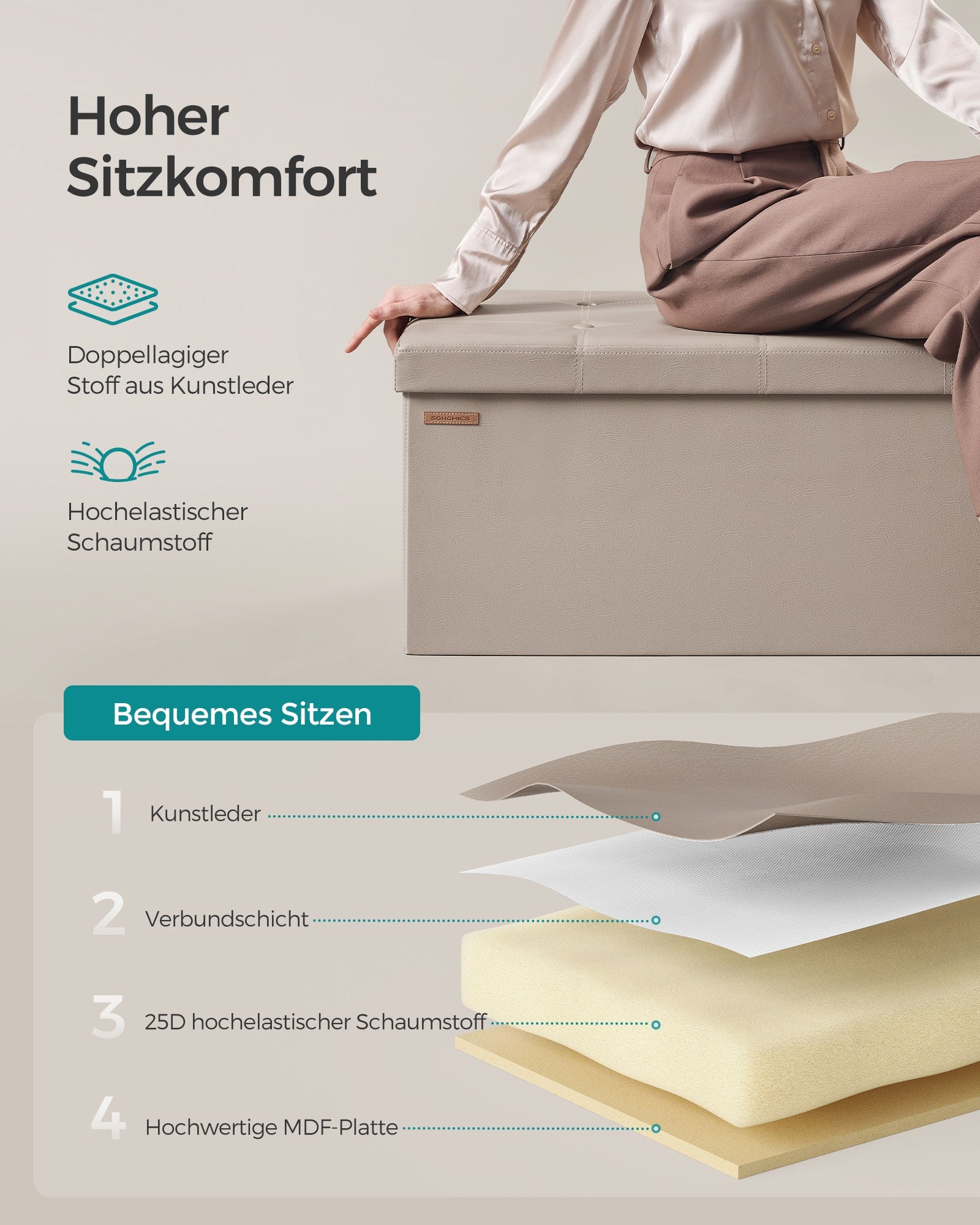 Opbergbank - 110 cm - Opvouwbaar - Kunstleer - Lichtbeige
