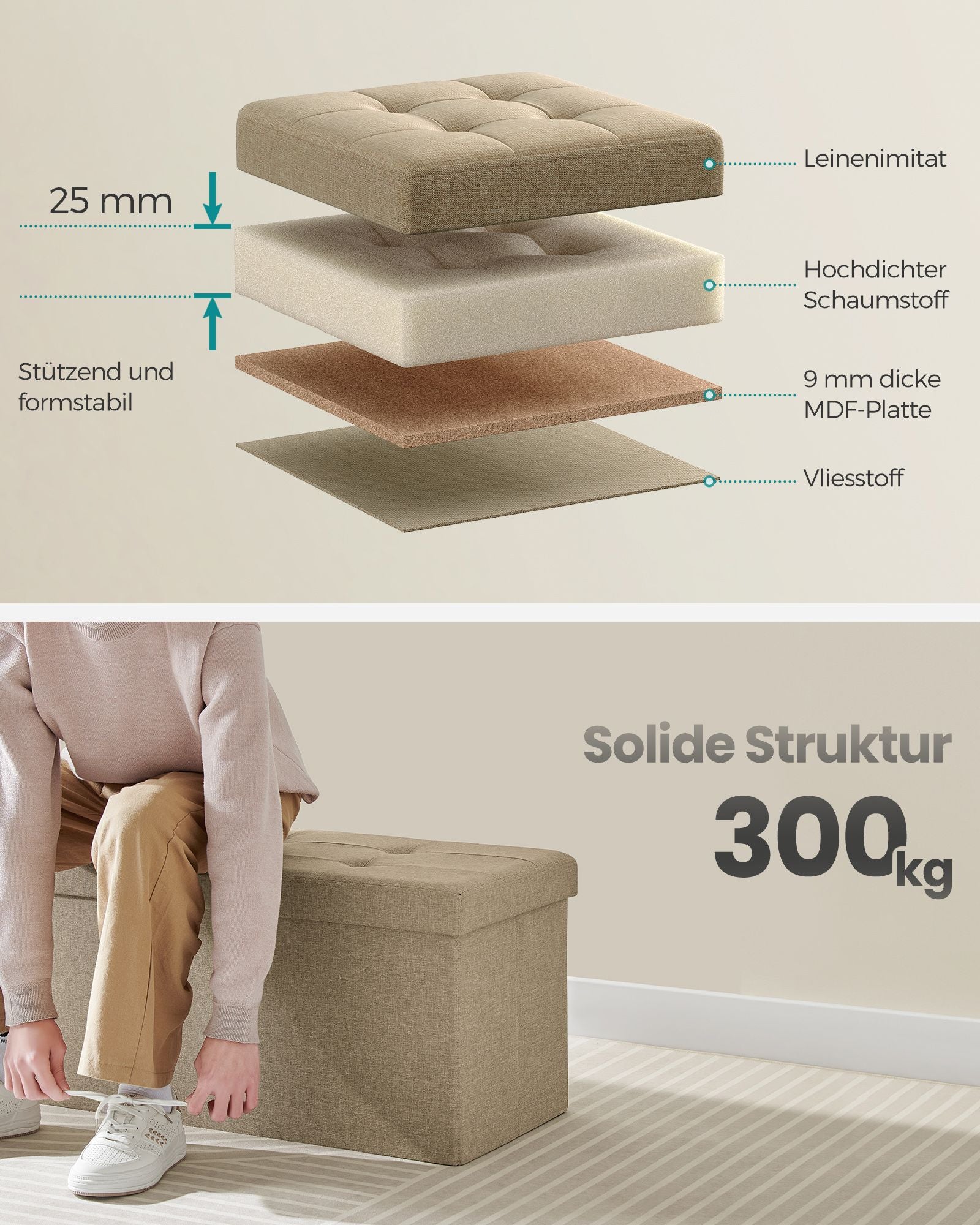 Bank – met opbergruimte – 38 × 110 × 38 cm – kameelbruin
