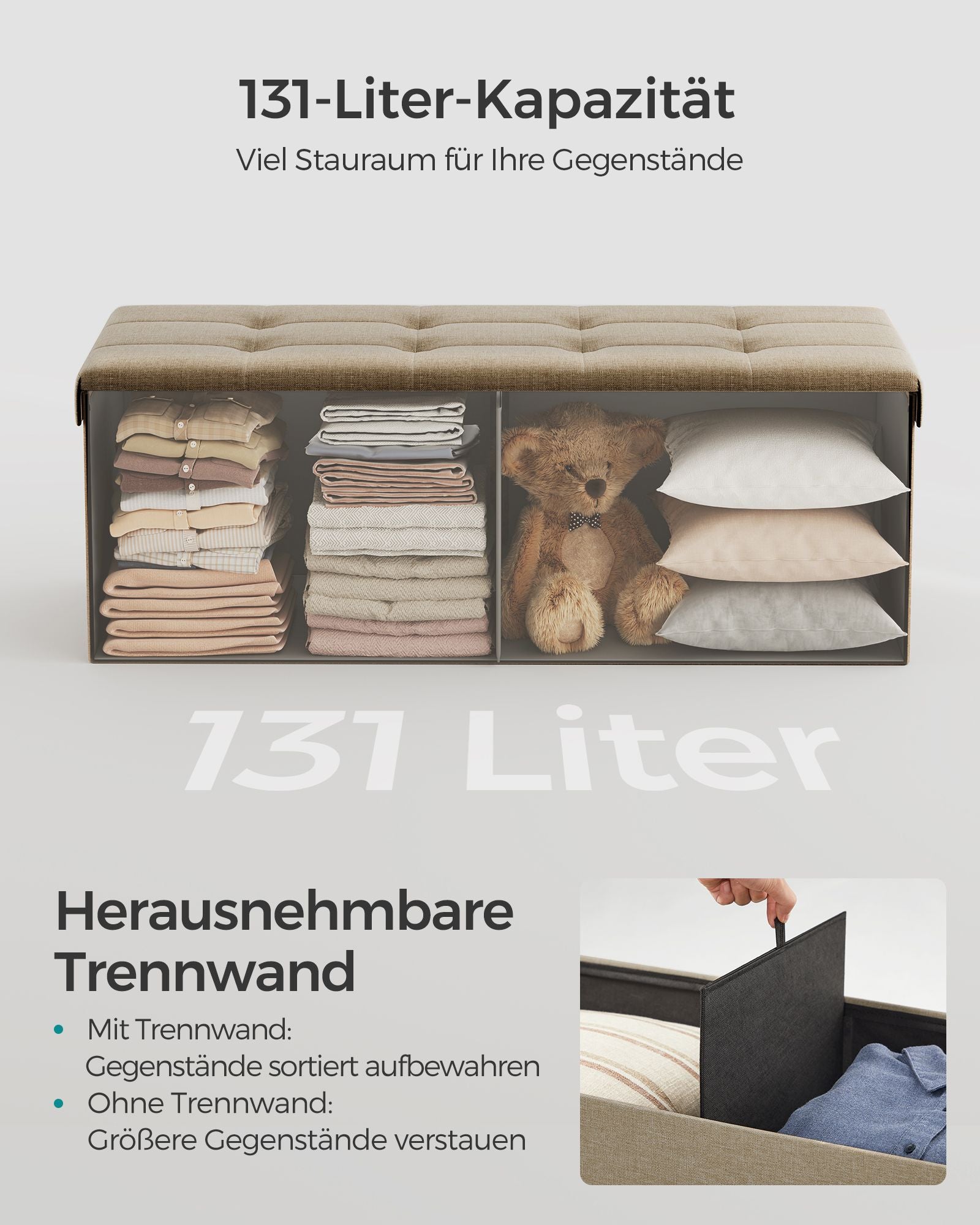 Bank – 110 cm – opklapbaar met opbergruimte – licht taupe
