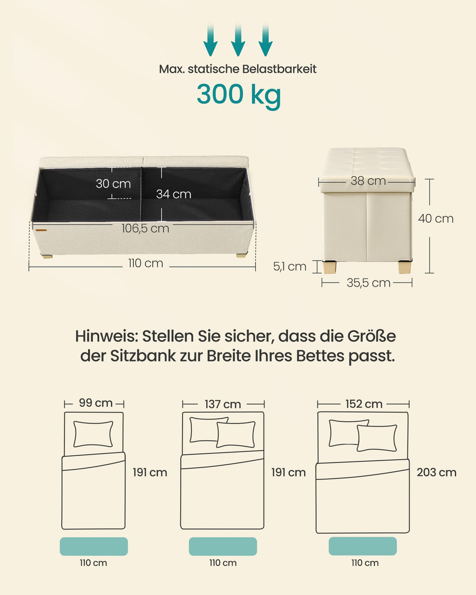 Opbergbank - 110 cm - Scharnierend Deksel - Linnenlook - Lichtbeige