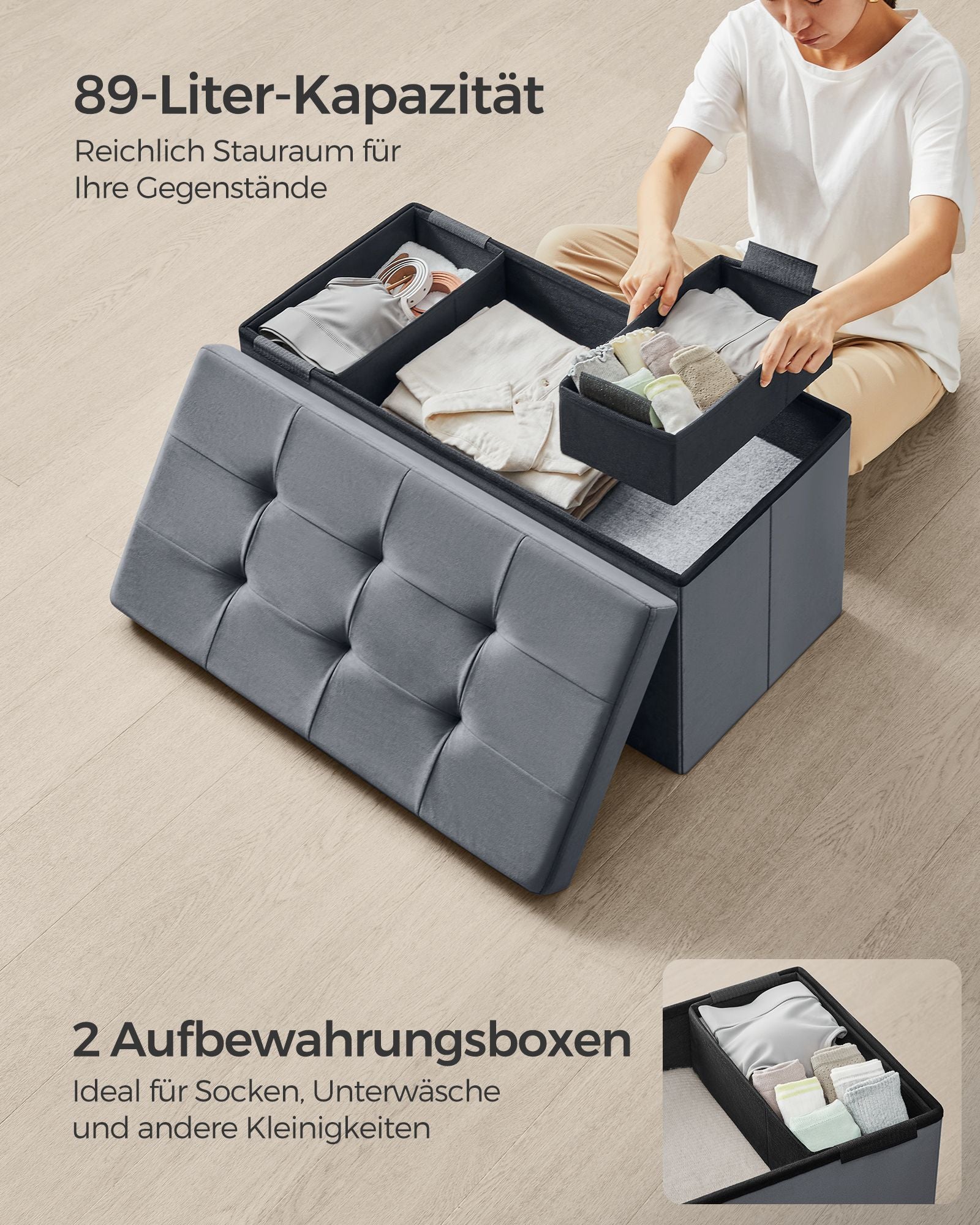 Bank – met opbergruimte – fluweel – voor woonkamer – leigrijs