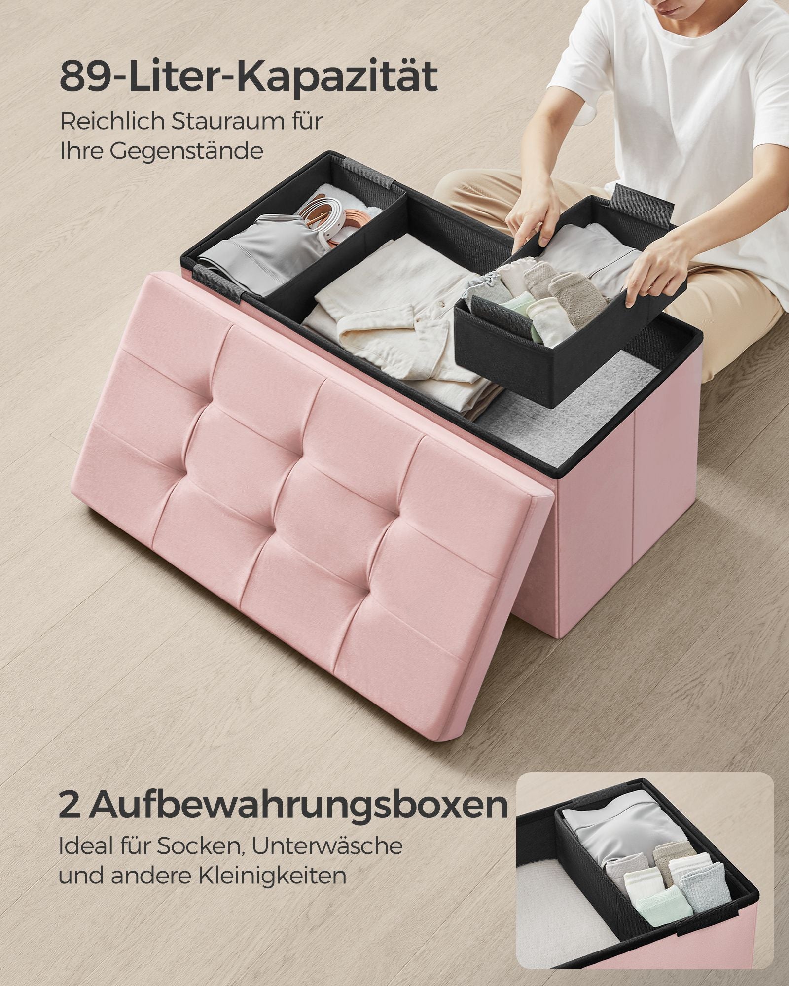 Bank – met opbergruimte – tot 300 kg – pastelroze