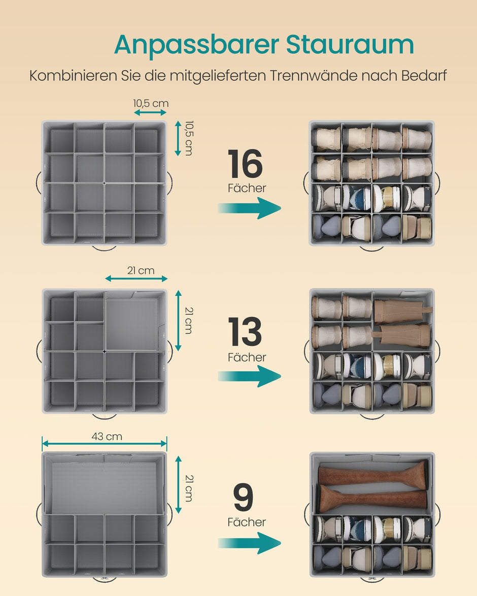 Schoenorganizer - 43 x 43 x 32 cm - voor maximaal 16 paar schoenen - verstelbare tussenschotten - stapelbaar - kleur: duifgrijs - maximum capaciteit: 18 kg