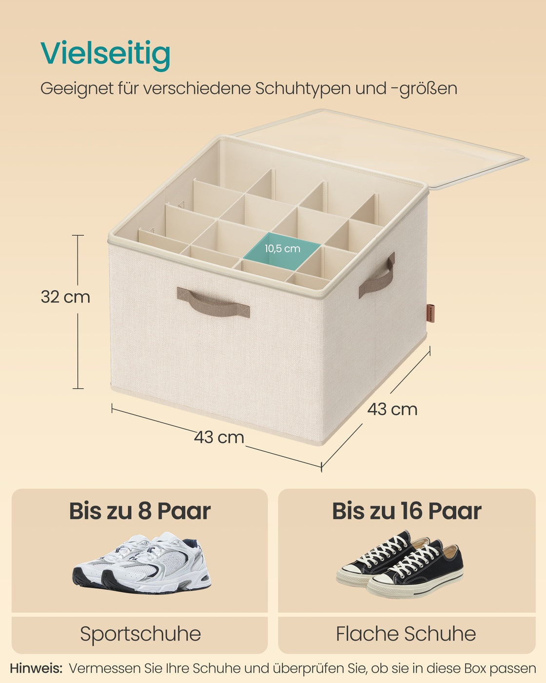 Schoenorganizer - 43 x 43 x 32 cm - voor maximaal 16 paar schoenen - verstelbare tussenschotten - stapelbaar - cappuccinobeige - maximale belasting 18 kg