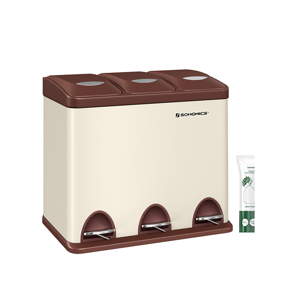 Vuilnisbak – 3 × 8 liter – met deksel & binnenemmer – crème-wit & bruin