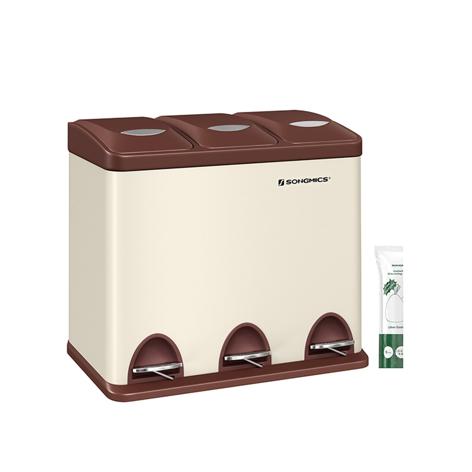 Vuilnisbak – 3 × 8 liter – met deksel & binnenemmer – crème-wit & bruin