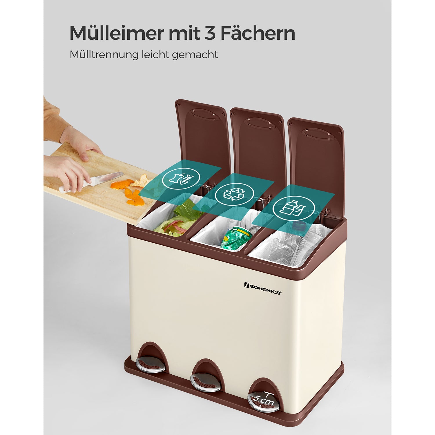 Vuilnisbak – 3 × 8 liter – met deksel & binnenemmer – crème-wit & bruin
