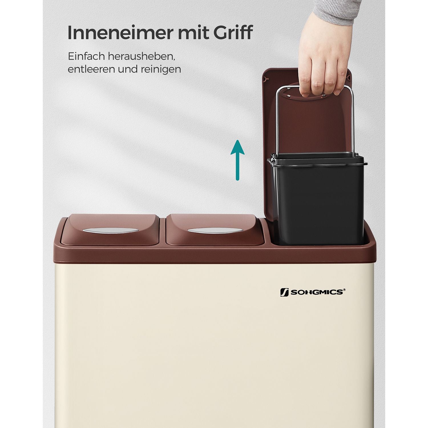 Vuilnisbak – 3 × 8 liter – met deksel & binnenemmer – crème-wit & bruin