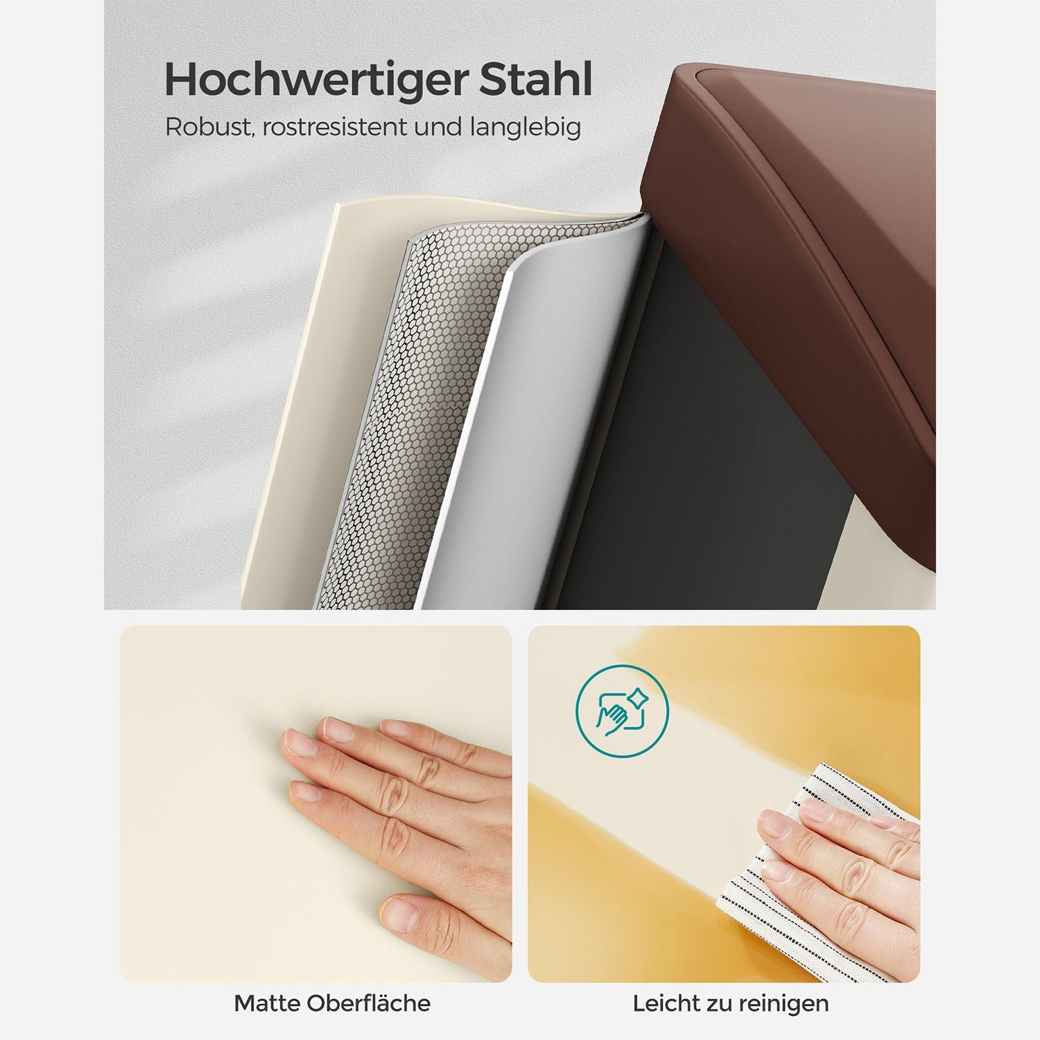 Vuilnisbak – 3 × 8 liter – met deksel & binnenemmer – crème-wit & bruin