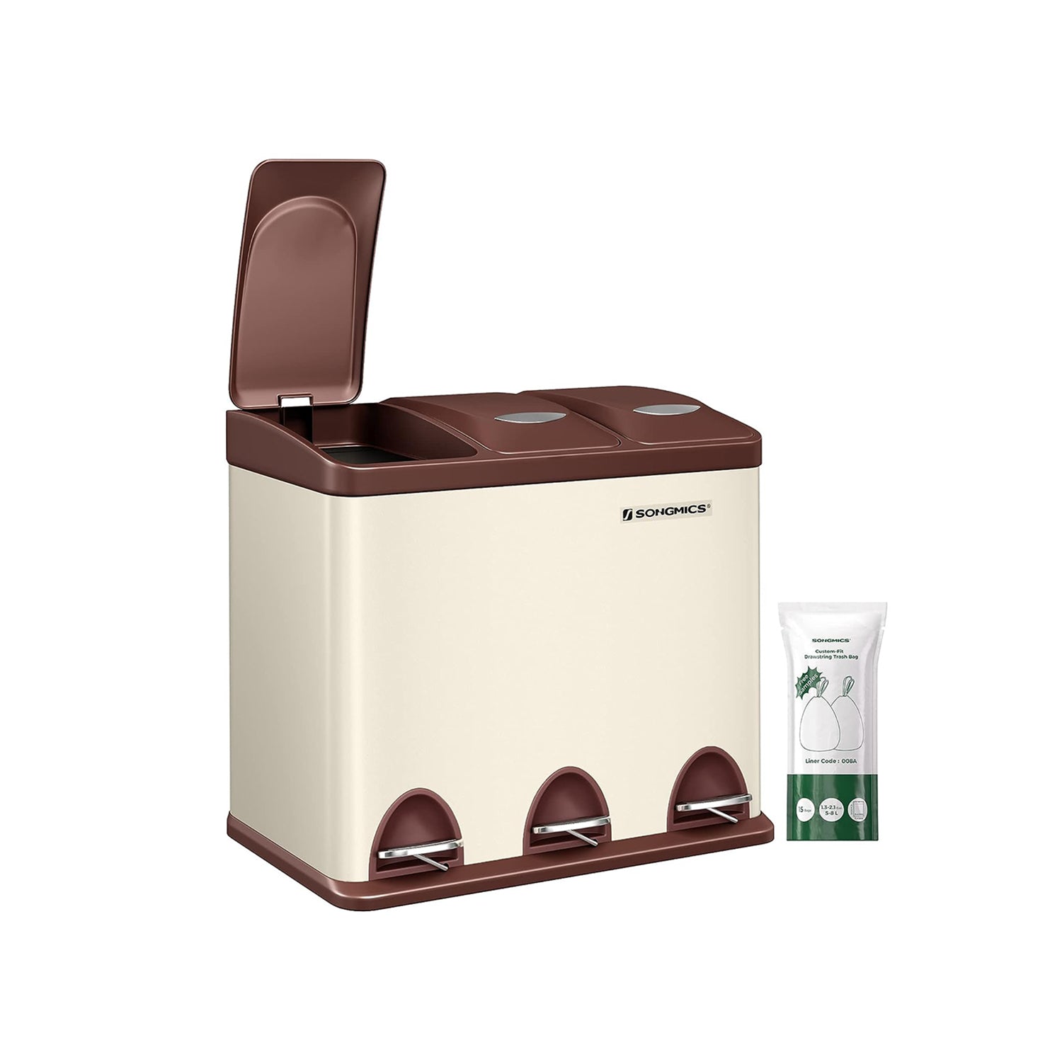 Vuilnisbak – 3 × 8 liter – met deksel & binnenemmer – crème-wit & bruin