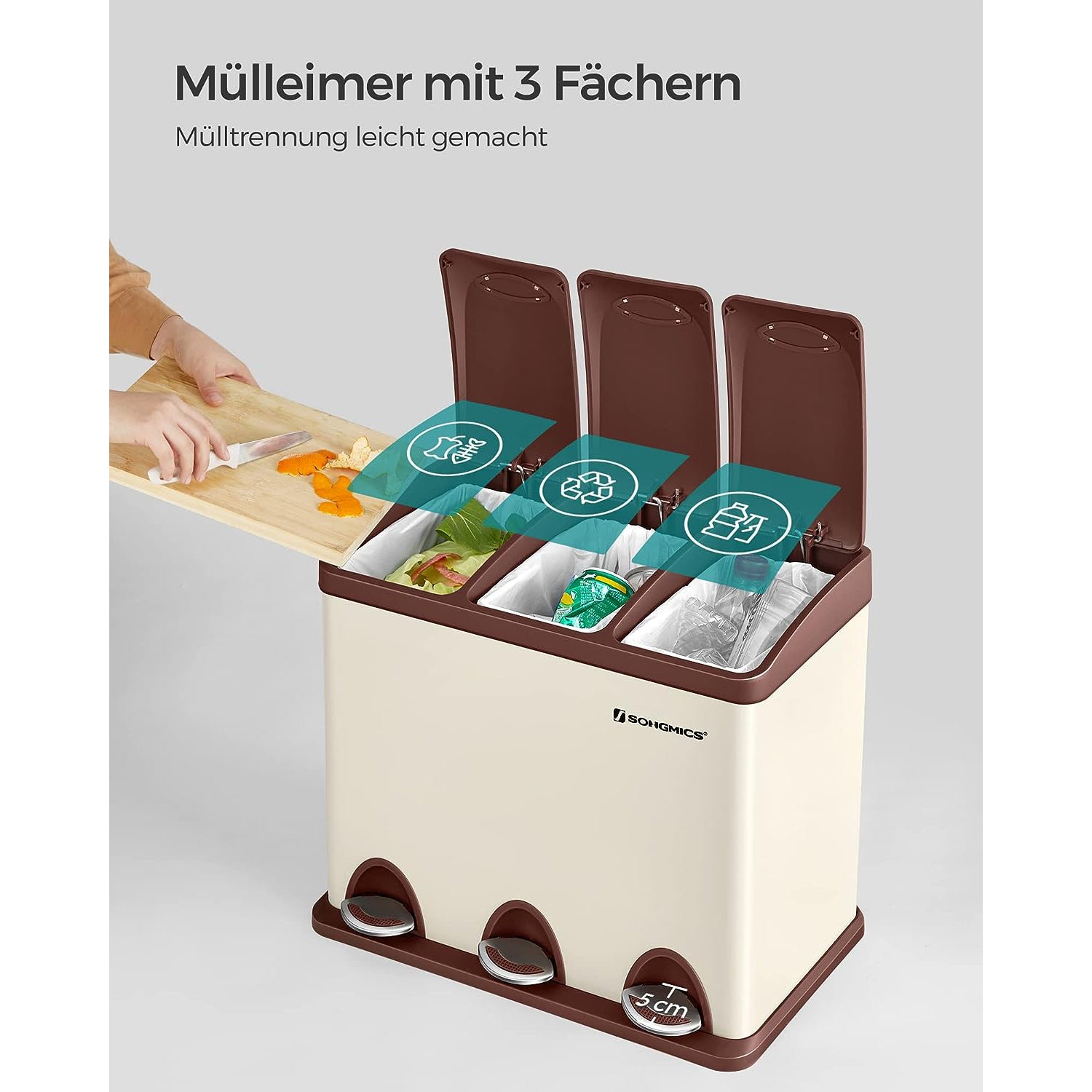 Vuilnisbak – 3 × 8 liter – met deksel & binnenemmer – crème-wit & bruin