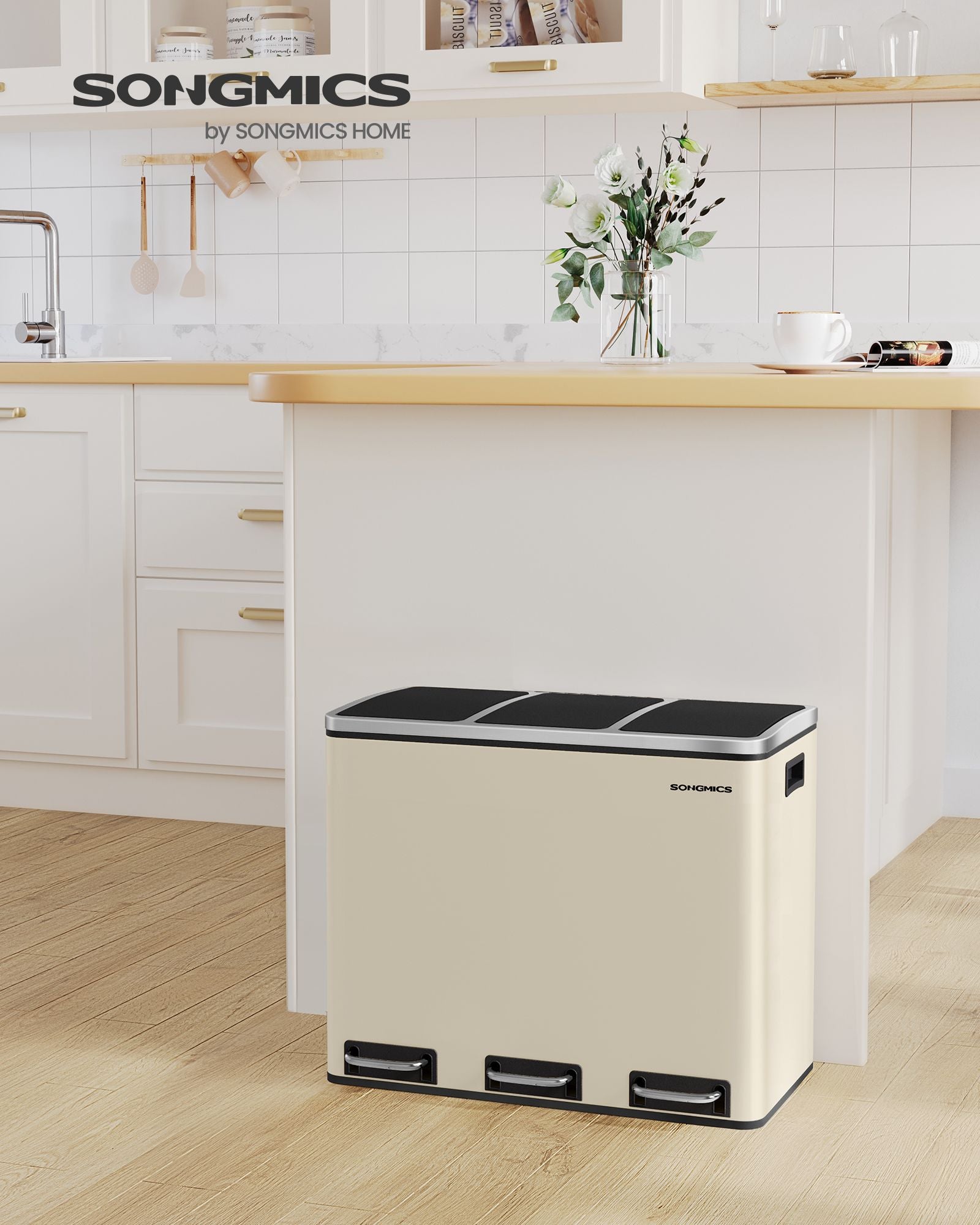 Afvalscheidingssysteem – 3 compartimenten – 3 × 18 L – met zandbeige deksel
