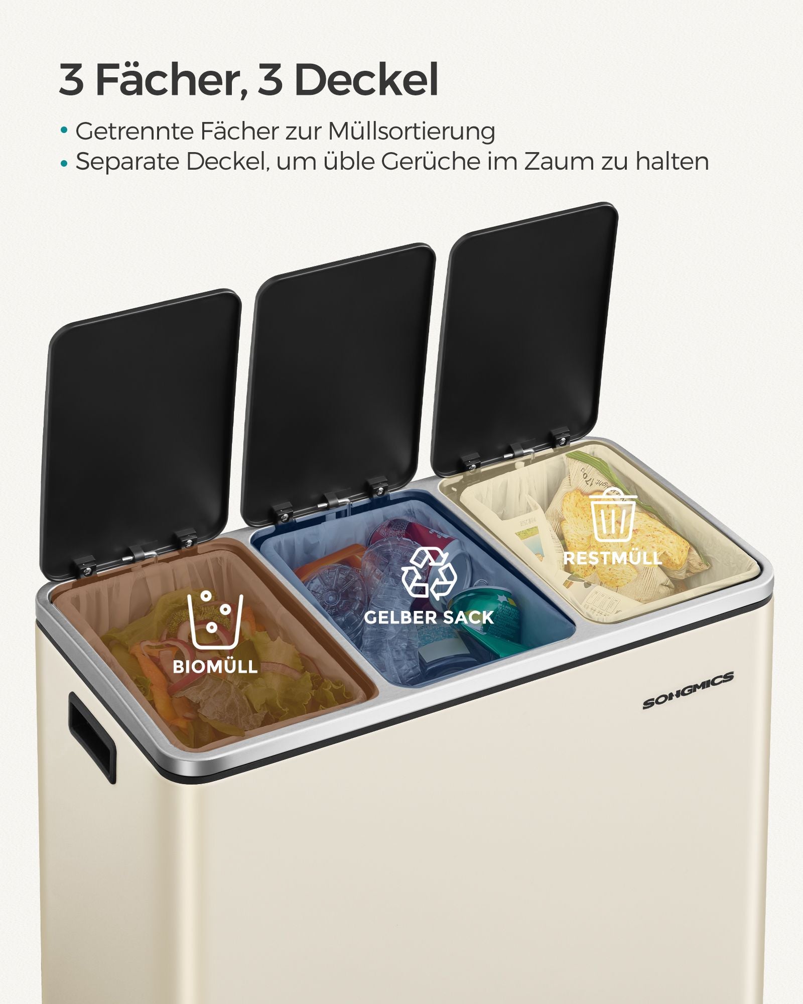 Afvalscheidingssysteem – 3 compartimenten – 3 × 18 L – met zandbeige deksel