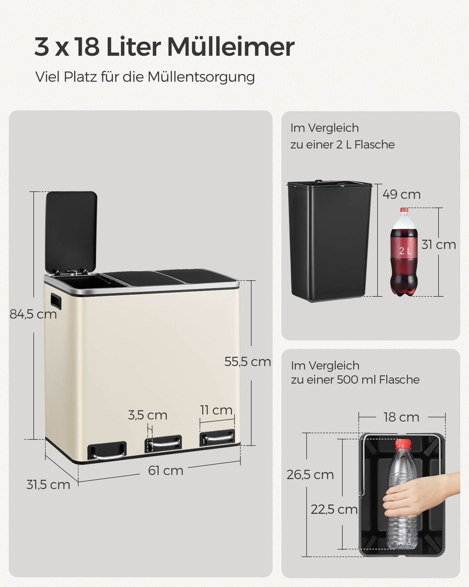 Afvalscheidingssysteem – 3 compartimenten – 3 × 18 L – met zandbeige deksel