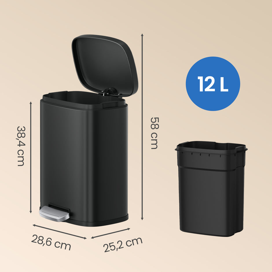 Pedaalemmer - 12 Liter - Soft-Close Deksel - Staal - Zwart