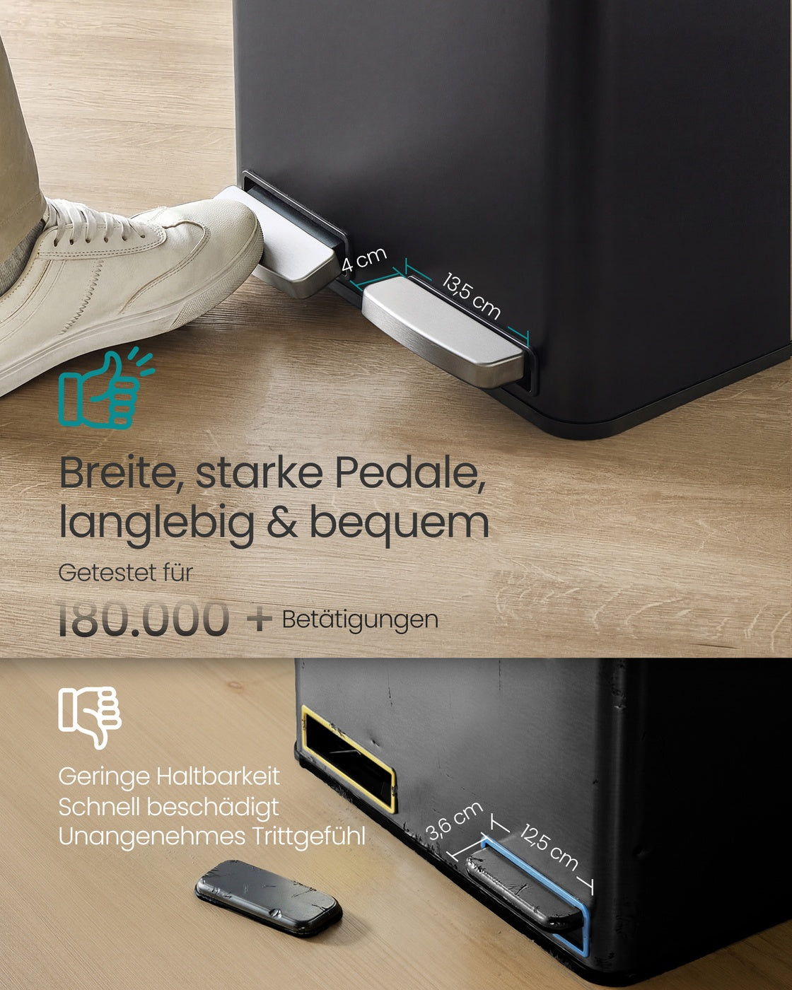 Afvalbak - 41,8 x 35,3 x 45,5 cm - 2 x 15 liter - Stalen behuizing - Uitneembare binnenemmer - Soft-close deksel - Zwart - 4,8 kg