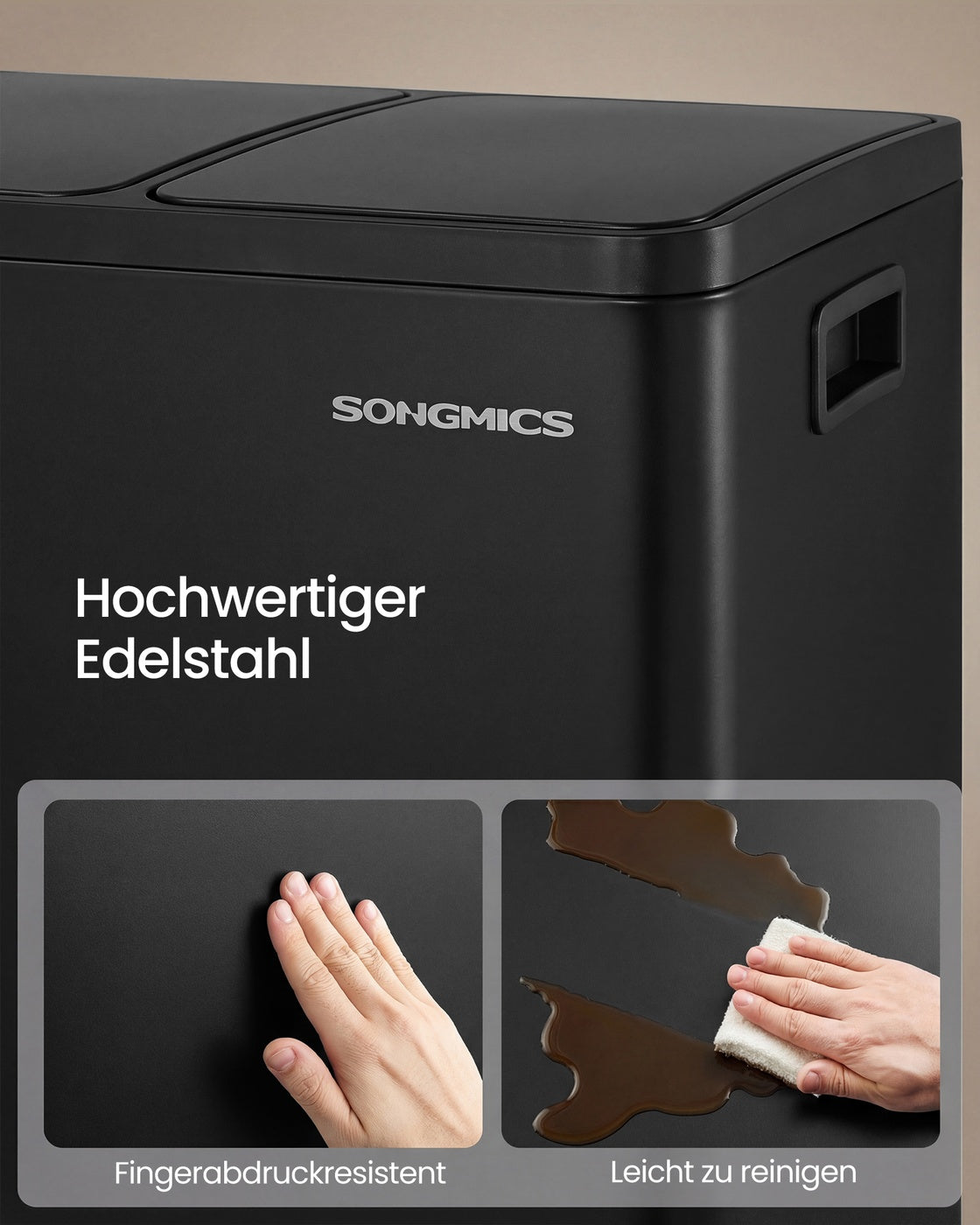 Afvalbak - 41,8 x 35,3 x 45,5 cm - 2 x 15 liter - Stalen behuizing - Uitneembare binnenemmer - Soft-close deksel - Zwart - 4,8 kg