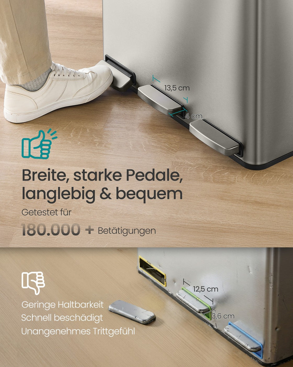 Afvalbak - 62 x 35,3 x 45,5 cm - 3 x 15 L - Afvalscheidingssysteem met 3 compartimenten - Pedaalafvalbak - Uitneembare binnenemmer - Soft-close deksel - Handgrepen - Roestvrij staal - Zilver